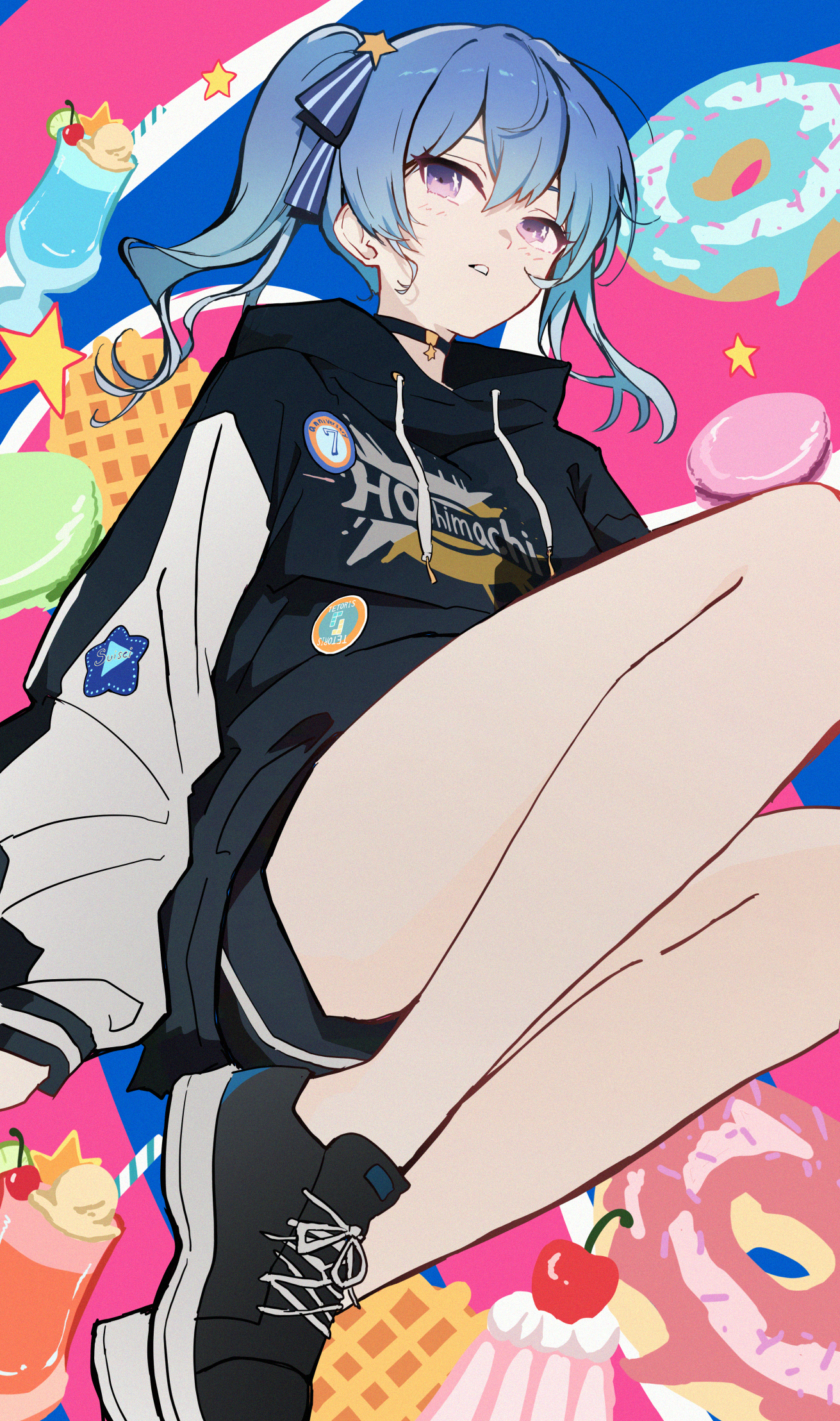 kurony (sirony), hoshimachi suisei, hololive, commentary, english commentary, highres, 1girl, alternate costume, bare legs, black choker, black hoodie, black shoes, black shorts, blue hair, blue ribbon, blush, cherry, choker, donut, food, fruit, full body, hair between eyes, hair ribbon, hood, hood down, hoodie, ice cream, ice cream float, knees up, legs, long hair, long sleeves, looking at viewer, macaron, parted lips, purple eyes, ribbon, shoes, short shorts, shorts, side ponytail, sitting, sneakers, solo, star (symbol), waffle