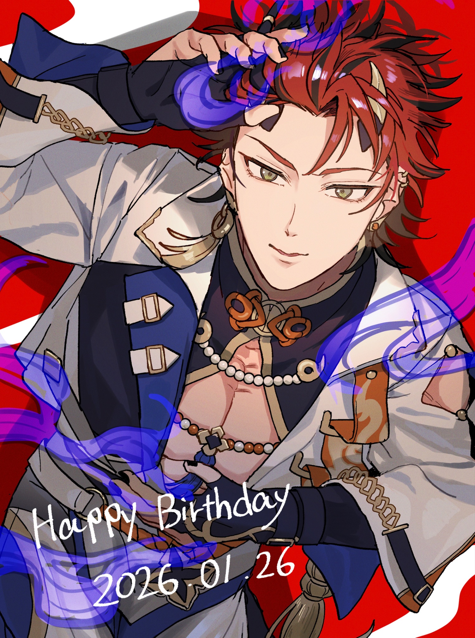kiryu kuro, ensemble stars!, hashtag-only commentary, highres, 1boy, arm up, beads, black hair, black nails, dated, demon horns, ear piercing, earrings, fingernails, from above, happy birthday, horns, jewelry, komakoma enst, long sleeves, looking at viewer, male focus, multicolored hair, nail polish, official alternate costume, oniyasha (ensemble stars!), piercing, red background, red hair, short hair, solo, streaked hair, two-tone hair