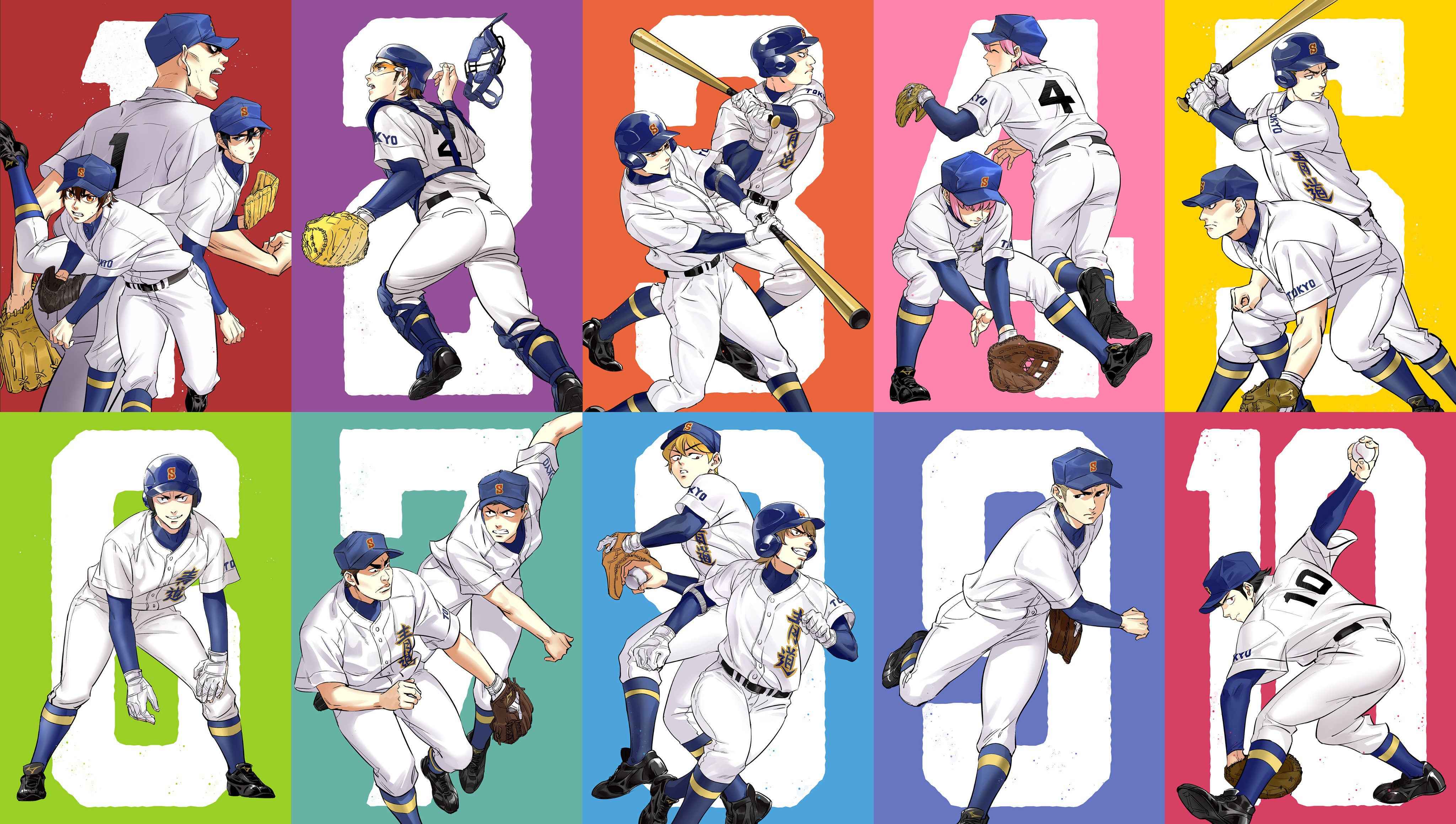heise wanbaolu, asou takeru, furuya satoru, isashiki jun, kawakami norifumi, kominato haruichi, kominato ryousuke, kuramochi youichi, maezono kenta, miyuki kazuya, narumiya mei, sakai ichirou, sawamura eijun, shirasu kenjirou, tanba kouichirou, toujou hideaki, ace of diamond, absurdres, chinese commentary, commentary request, highres, 6+boys, aqua background, arm up, ass, bald, ball, baseball, baseball (object), baseball bat, baseball cap, baseball glove, baseball helmet, baseball uniform, belt, black belt, black hair, black shoes, blonde hair, blue background, blue socks, brothers, brown hair, catcher's mask, catcher (baseball), chest protector, closed mouth, compression shirt, facial hair, feet out of frame, flying sweatdrops, foot out of frame, from behind, full body, gloves, goatee stubble, goggles, green background, grin, hair between eyes, hat, helmet, holding, holding ball, holding baseball bat, layered sleeves, long sleeves, looking ahead, looking at viewer, looking up, male focus, mask, multiple boys, multiple views, number background, number print, open mouth, orange background, pants, pink background, pink hair, pitching, purple background, red background, running, shin guards, shirt, shirt tucked in, shirt under shirt, shoes, short hair, short over long sleeves, short sleeves, siblings, sideburns, simple background, smile, socks, socks over pants, sportswear, standing, standing on one leg, stubble, sweat, swinging baseball bat, teeth, unworn mask, white gloves, white pants, white shirt, yellow background