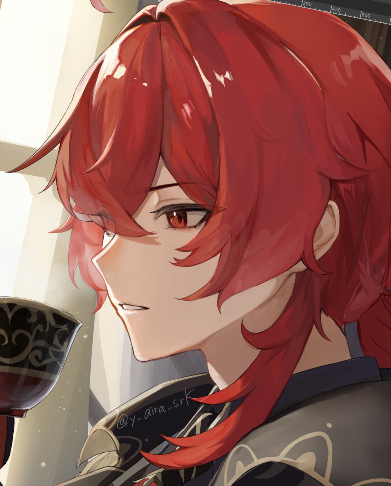shiraki (y aira srk), diluc (genshin impact), genshin impact, commentary, highres, symbol-only commentary, 1boy, art program in frame, black shirt, chalice, collared shirt, crossed bangs, cup, hair behind ear, male focus, parted bangs, parted lips, portrait, red eyes, red hair, shirt, solo, twitter username