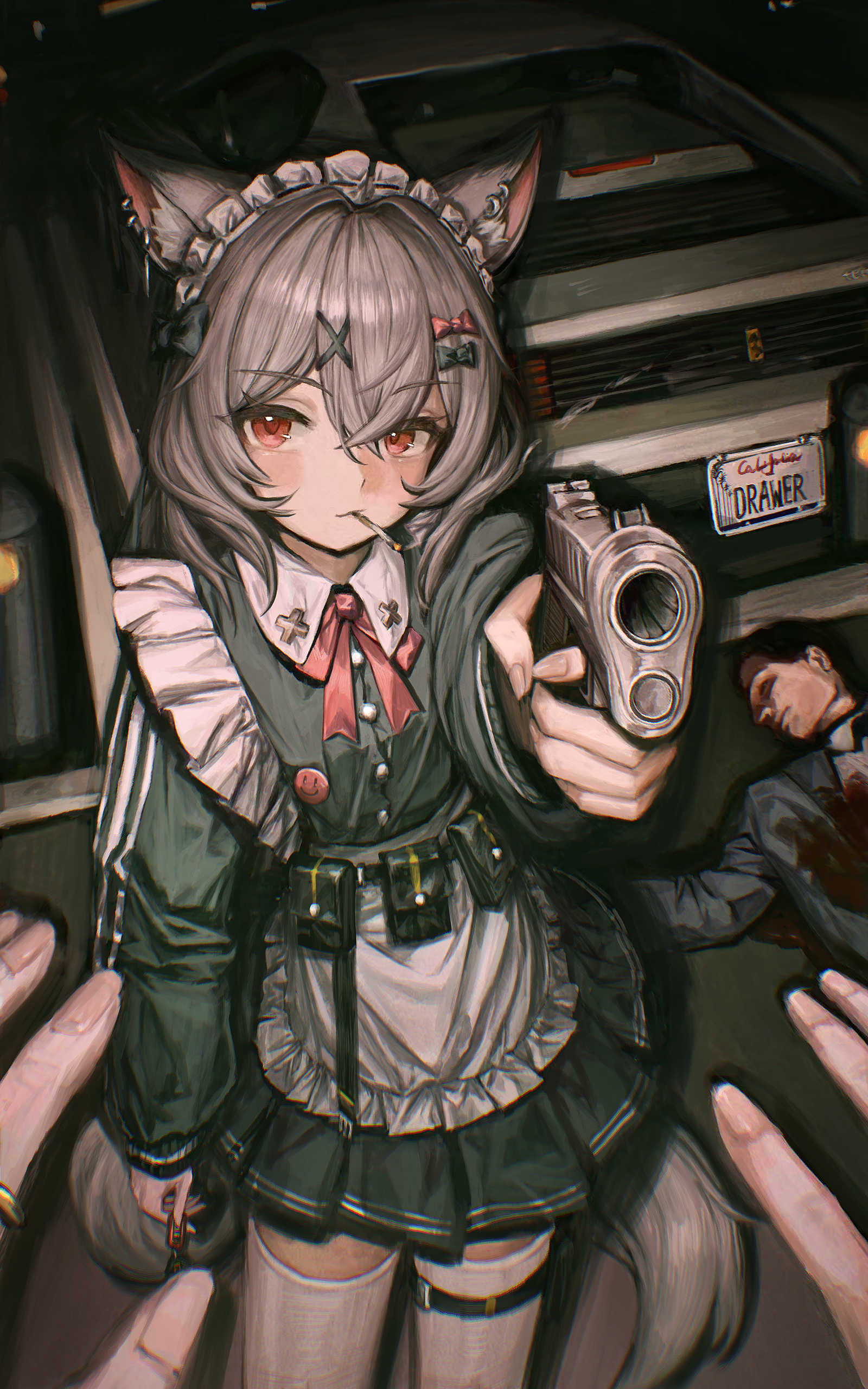 ferrari, original, absurdres, commentary request, highres, 1boy, 1girl, aiming, aiming at viewer, animal ear piercing, animal ears, apron, blood, blood on clothes, blood on ground, car, car keys, cigarette, crossed bangs, dark, death, drawer bushi huajia, ferrari 512tr, green skirt, grey hair, gun, hair between eyes, hair ribbon, handgun, holding, holding gun, holding weapon, jacket, long hair, looking at viewer, maid, maid apron, maid headdress, motor vehicle, on ground, parking lot, pleated skirt, pov, pov hands, red eyes, red ribbon, ribbon, skirt, smoke, smoke trail, smoking, standing, tail, thighhighs, track jacket, weapon, white thighhighs, wolf ears, wolf girl, wolf tail