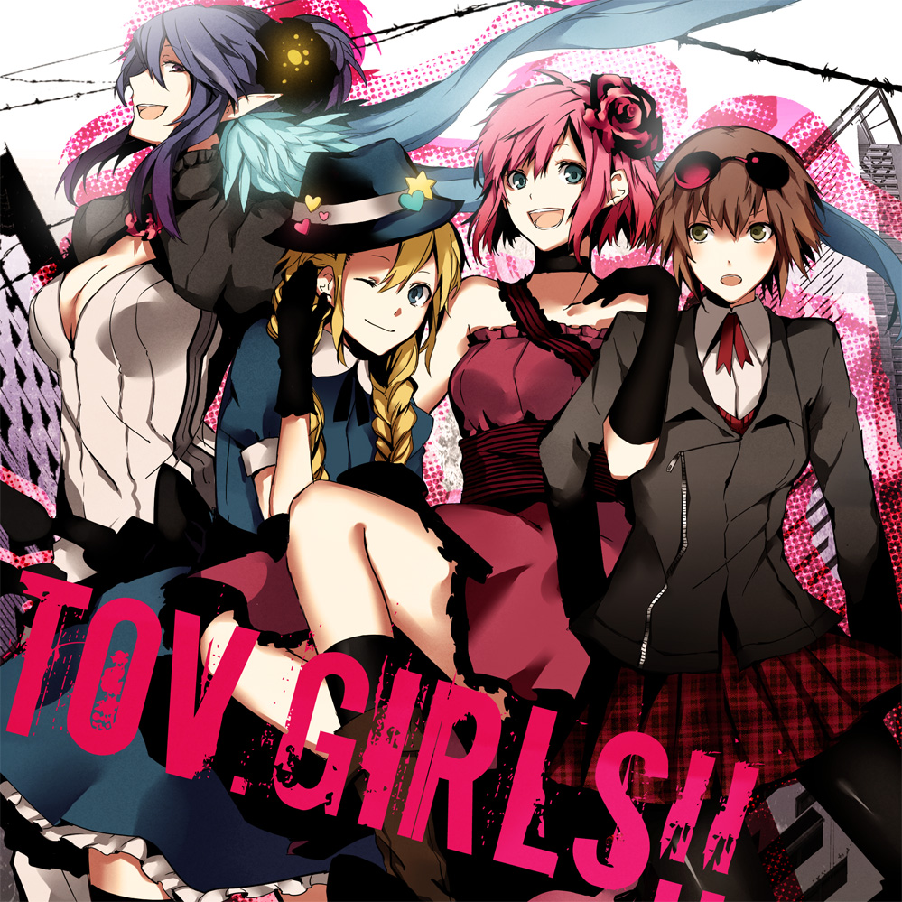 arisaka ako, estellise sidos heurassein, judith (tales), patty fleur, rita mordio, tales of (series), tales of vesperia, bad id, bad pixiv id, 00s, 4girls, alternate costume, bare shoulders, blonde hair, blue eyes, blue hair, blush, boots, braid, breasts, brown hair, cleavage, contemporary, dress, eyewear on head, fashion, flower, gloves, green eyes, hair flower, hair ornament, hat, jacket, locked arms, long hair, multiple girls, one eye closed, pink hair, pointy ears, purple eyes, short hair, skirt, sleeveless, smile, sunglasses, twin braids, wink