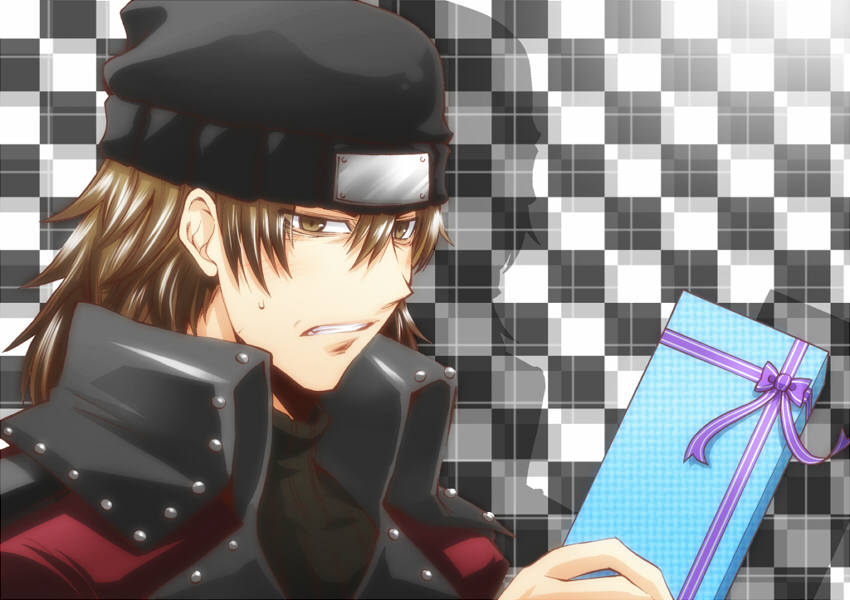 segami daisuke, aragaki shinjirou, atlus, persona, persona 3, 1boy, beanie, blush, brown hair, gift, hat, holding, holding gift, male focus, solo