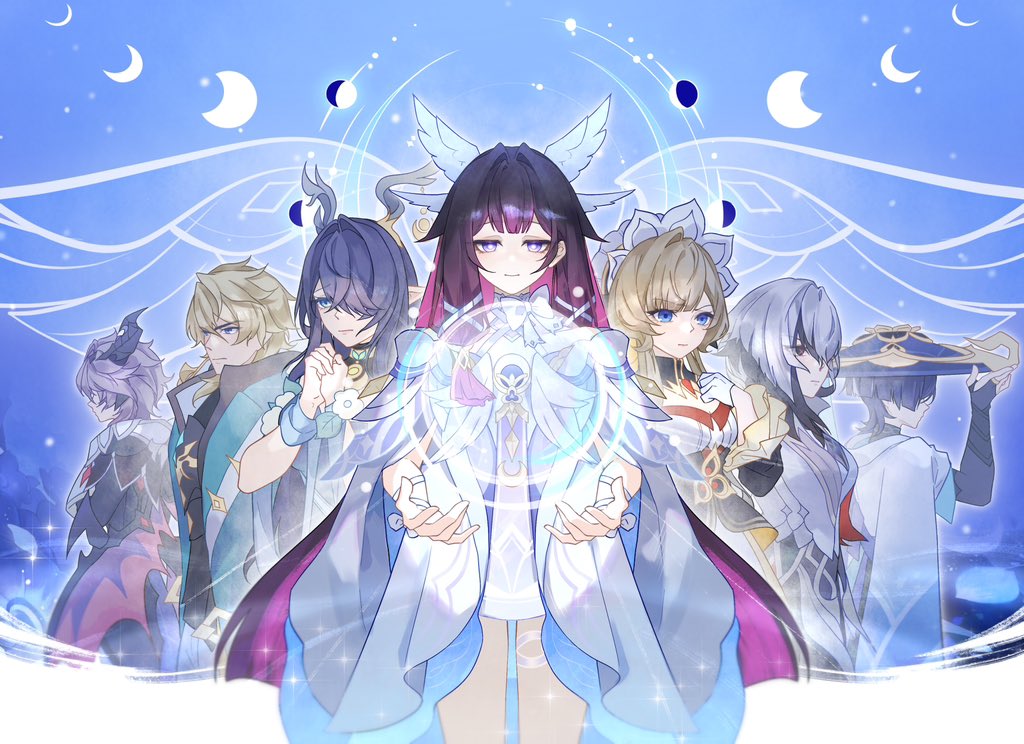 viviwi, arlecchino (genshin impact), columbina (genshin impact), durin (genshin impact), lauma (genshin impact), sandrone (genshin impact), scaramouche (genshin impact), varka (genshin impact), wanderer (genshin impact), genshin impact, red gem, commentary, english commentary, 3boys, 4girls, antler ornament, antlers, aqua coat, armor, bare shoulders, black bridal gauntlets, black coat, black hair, black horns, black sleeves, blonde hair, blue background, blue eyes, blue halo, blue hat, blue sleeves, blunt bangs, bodysuit, bow, bowtie, breastplate, bridal gauntlets, bright pupils, brooch, center-flap bangs, closed mouth, coat, colored inner hair, crescent moon, deer antlers, deer girl, detached collar, detached sleeves, dragon boy, dragon horns, dragon wings, dress, eyelashes, facing to the side, feathered wings, flower, full moon, furisode, gem, glint, gloves, gold, gold ring, hair intakes, hair ornament, hair over one eye, half gloves, halo, halo behind head, hand up, hands up, hat, head wings, headdress, horns, japanese armor, japanese clothes, jewelry, jingasa, kimono, kote, kurokote, large bow, layered sleeves, long sleeves, looking at viewer, looking to the side, low wings, middle ring, moon, moon phases, multicolored hair, multiple boys, multiple girls, multiple wings, neck ring, new moon, open clothes, open coat, open hands, own hands together, pants, petals, pink hair, purple eyes, purple hair, purple horns, ribbon, scar, scar across eye, scar on face, short sleeves, strapless, strapless dress, streaked hair, swept bangs, symbol-shaped pupils, thigh strap, tsurime, turtleneck, turtleneck bodysuit, underbust, white bow, white bowtie, white coat, white dress, white flower, white gloves, white hair, white kimono, white pants, white petals, white pupils, white ribbon, white sleeves, white wings, wing collar, wing hair ornament, wings, wrist flower, wrist ribbon, x-shaped pupils