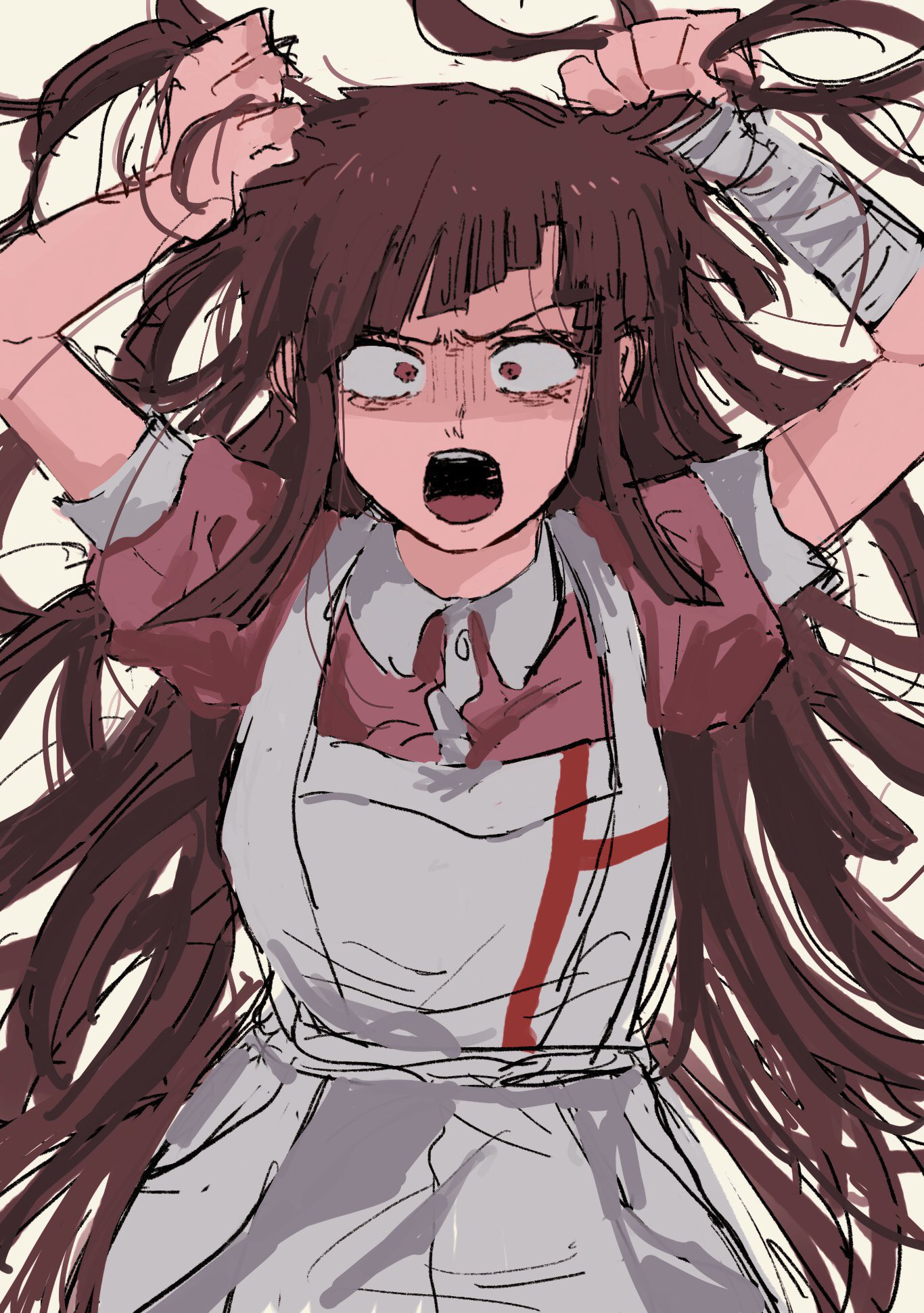 tsumiki mikan, danganronpa (series), danganronpa 2: goodbye despair, commentary request, highres, 1girl, apron, araki (ikema110), bandaged arm, bandages, black hair, breasts, collared shirt, cowboy shot, long hair, looking at viewer, mole, mole under eye, open mouth, pink shirt, puffy short sleeves, puffy sleeves, shirt, short sleeves, solo, teeth, white apron
