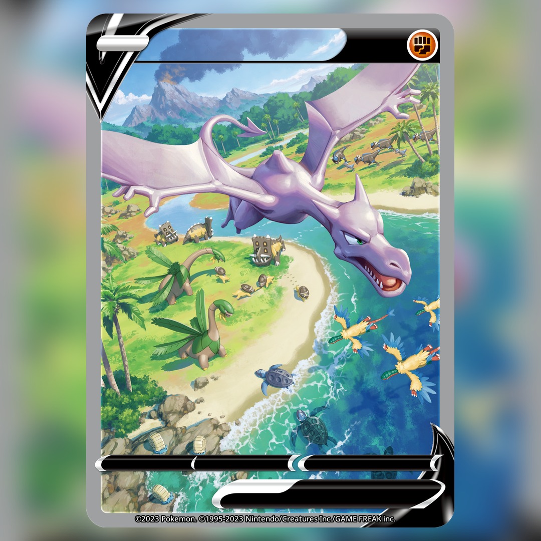 nurikabe (mictlan-tecuhtli), aerodactyl, archeops, bastiodon, cranidos, rampardos, shieldon, tirtouga, tropius, nintendo, pokemon, pokemon tcg, commentary, english commentary, official art, textless version, third-party source, animal focus, blue sky, card (medium), cloud, company name, copyright name, copyright notice, day, flying, footprints, gen 1 pokemon, gen 3 pokemon, gen 4 pokemon, gen 5 pokemon, green eyes, no humans, open mouth, outdoors, palm tree, pokemon (creature), pokemon card, pterosaur, rock, sharp teeth, shore, sky, smoke, solo focus, swimming, teeth, trading card, tree, v-shaped eyes, volcano, water