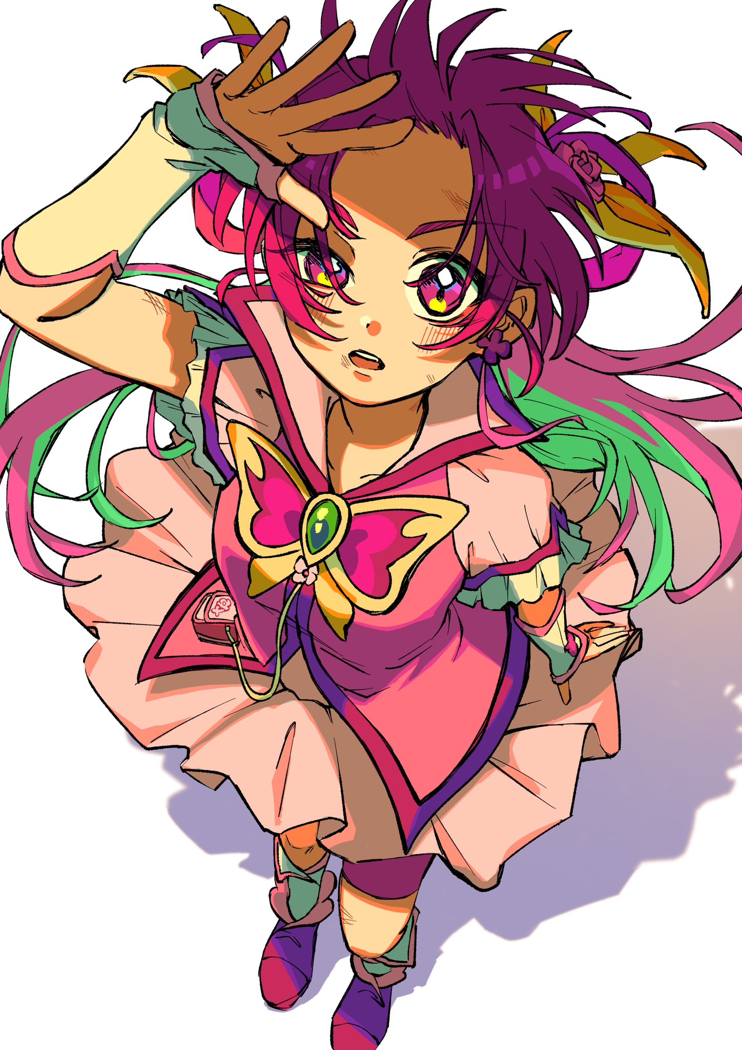 cure dream, yumehara nozomi, precure, yes! precure 5, yes! precure 5 gogo!, commentary, highres, 1girl, bike shorts, blush, boots, butterfly brooch, butterfly earrings, earrings, flower, frilled sleeves, frills, hair flower, hair ornament, hair rings, half-closed eye, jewelry, long hair, looking at viewer, magical girl, open mouth, pinaaaa77, pink boots, pink eyes, pink hair, shade, short sleeves, white background, white wrist cuffs, wrist cuffs