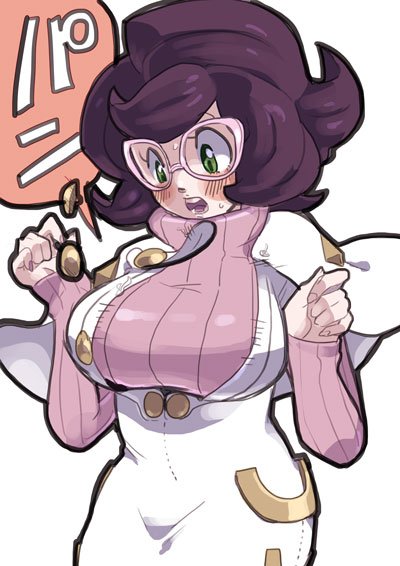 waosatogo, wicke (pokemon), nintendo, pokemon, pokemon sm, commentary request, 1girl, artistic error, big hair, blush, breasts, buttons, capelet, glasses, green eyes, hands up, high-waist skirt, large breasts, long sleeves, mature female, medium skirt, open mouth, pencil skirt, pink-framed eyewear, pink sweater, popped button, purple hair, ribbed sweater, short hair, skirt, solo, sweat, sweatdrop, sweater, turtleneck, turtleneck sweater, wardrobe malfunction, white capelet, white skirt