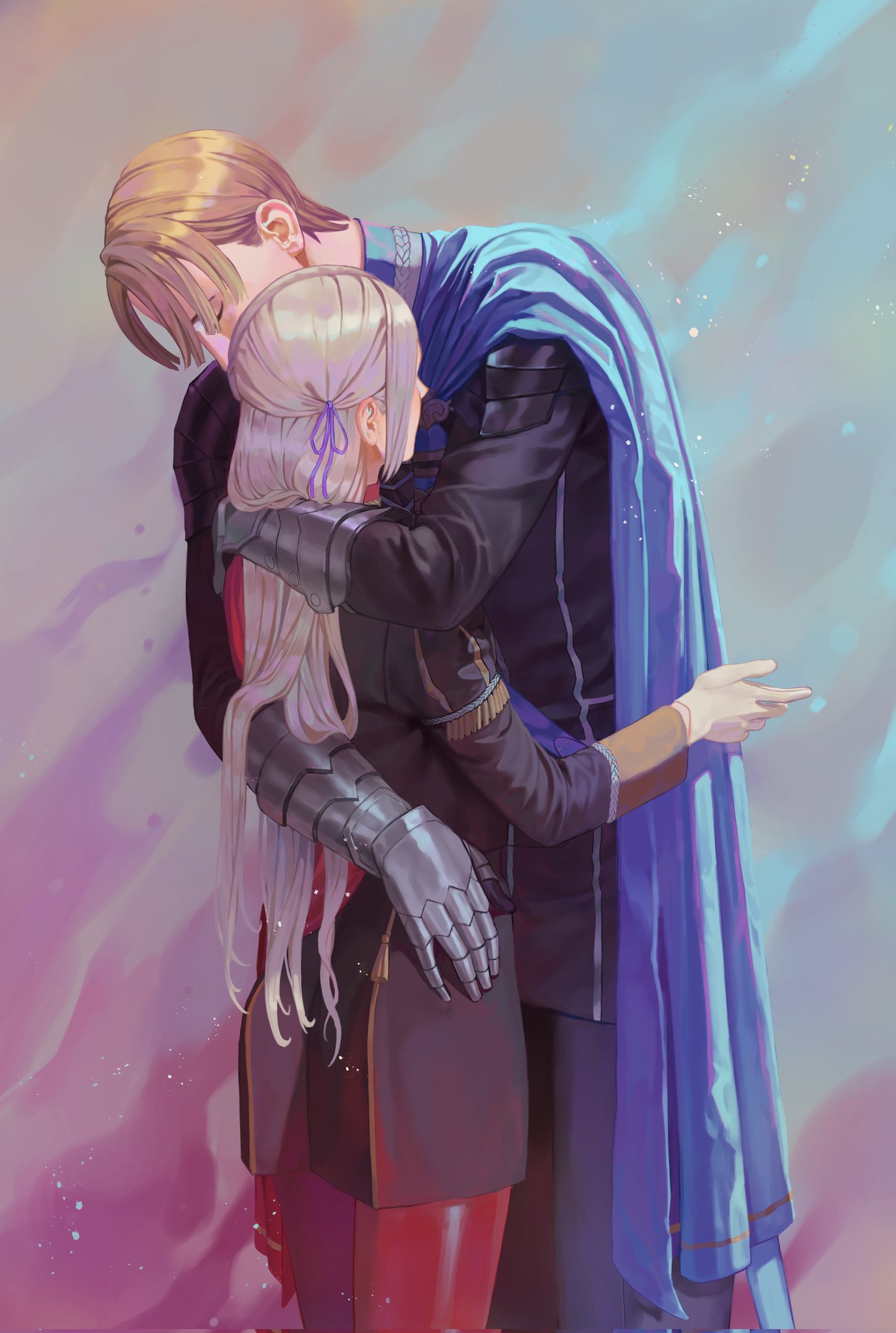 mlkywy, dimitri alexandre blaiddyd, edelgard von hresvelg, fire emblem, fire emblem: three houses, nintendo, commentary, english commentary, highres, 1boy, 1girl, arm guards, blonde hair, blue capelet, capelet, closed eyes, couple, from side, garreg mach monastery uniform, gloves, gradient background, hair ribbon, hug, leaning forward, light particles, long hair, long sleeves, pantyhose, purple ribbon, red capelet, red pantyhose, ribbon, shade, standing, upper body, white gloves