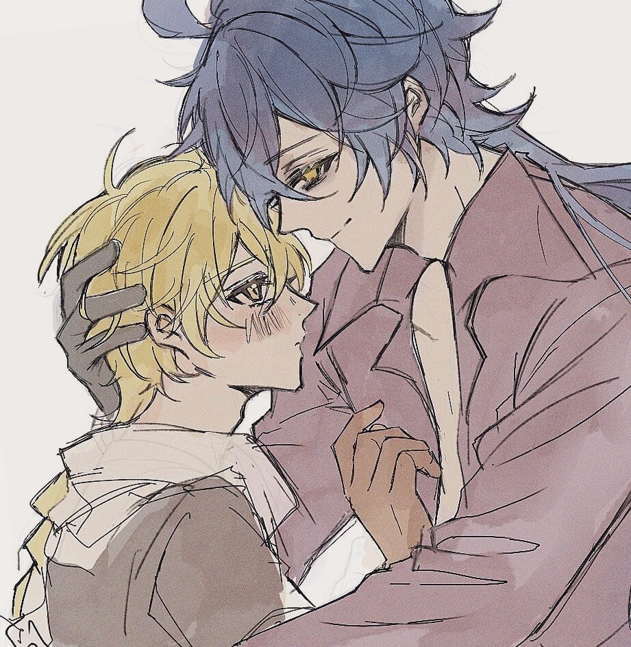 aether (genshin impact), flins (genshin impact), genshin impact, commentary request, 2boys, ahoge, black gloves, blonde hair, blue hair, blush, braid, brown gloves, brown shirt, closed mouth, collared shirt, empty eyes, from side, gloves, hair between eyes, hand on another's head, hand up, long hair, long sleeves, looking at another, low-braided long hair, low-tied long hair, multiple boys, open clothes, open shirt, purple shirt, scarf, shirt, short sleeves, simple background, single braid, smile, sweatdrop, upper body, white background, white scarf, yaoi, yatazakuma, yellow eyes