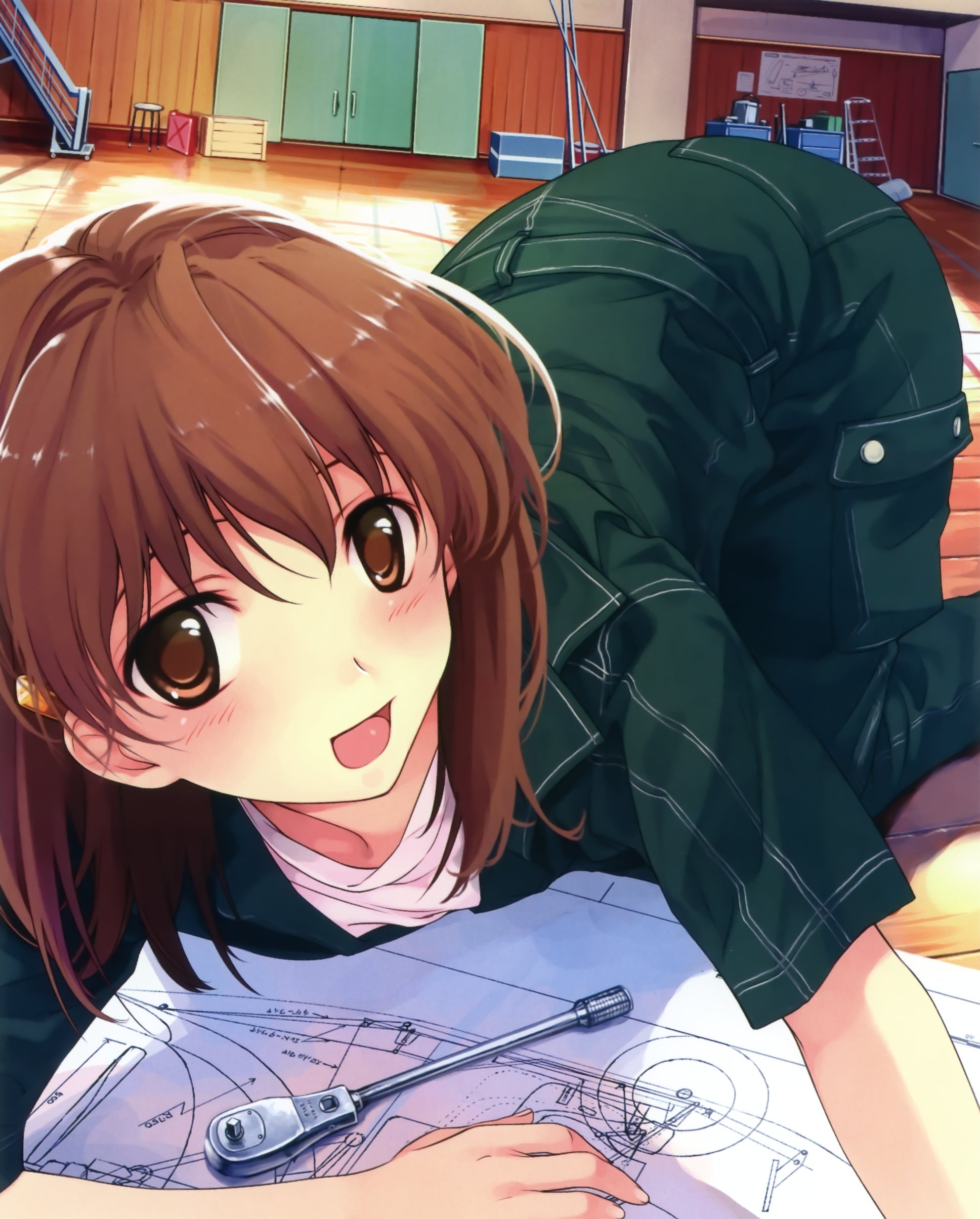 misaki kurehito, tsuyazaki kokage, abhar, suiheisen made nan mile?, absurdres, highres, 1girl, all fours, blueprint (object), brown eyes, brown hair, engineer, female focus, gym, science, solo, top-down bottom-up, wrench
