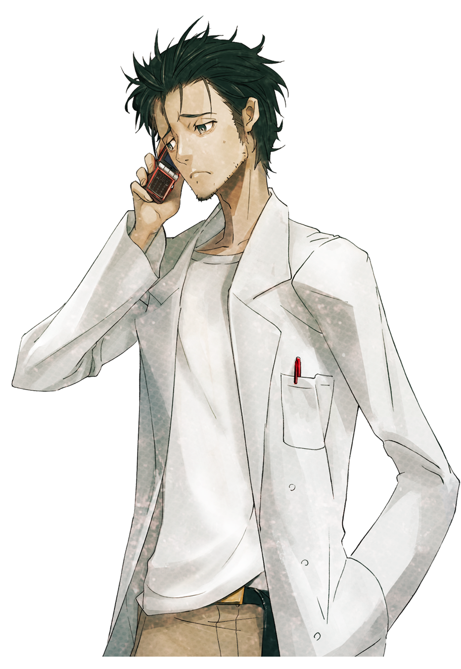 huke, okabe rintarou, science adventure, steins;gate, steins;gate: linear bounded phenogram, game cg, highres, non-web source, official art, 1boy, adam's apple, beard stubble, belt, black belt, black hair, breast pocket, brown pants, coat, collarbone, exhausted, facial hair, fingernails, frown, grey eyes, hand in pocket, holding, holding phone, lab coat, lapels, leather belt, long sleeves, male focus, messy hair, narrowed eyes, notched lapels, object in pocket, pants, pen in pocket, phone, pocket, ringed eyes, sad, shirt, shirt partially tucked in, solo, sprite, stray hair, stubble, t-shirt, talking on phone, white coat, white shirt