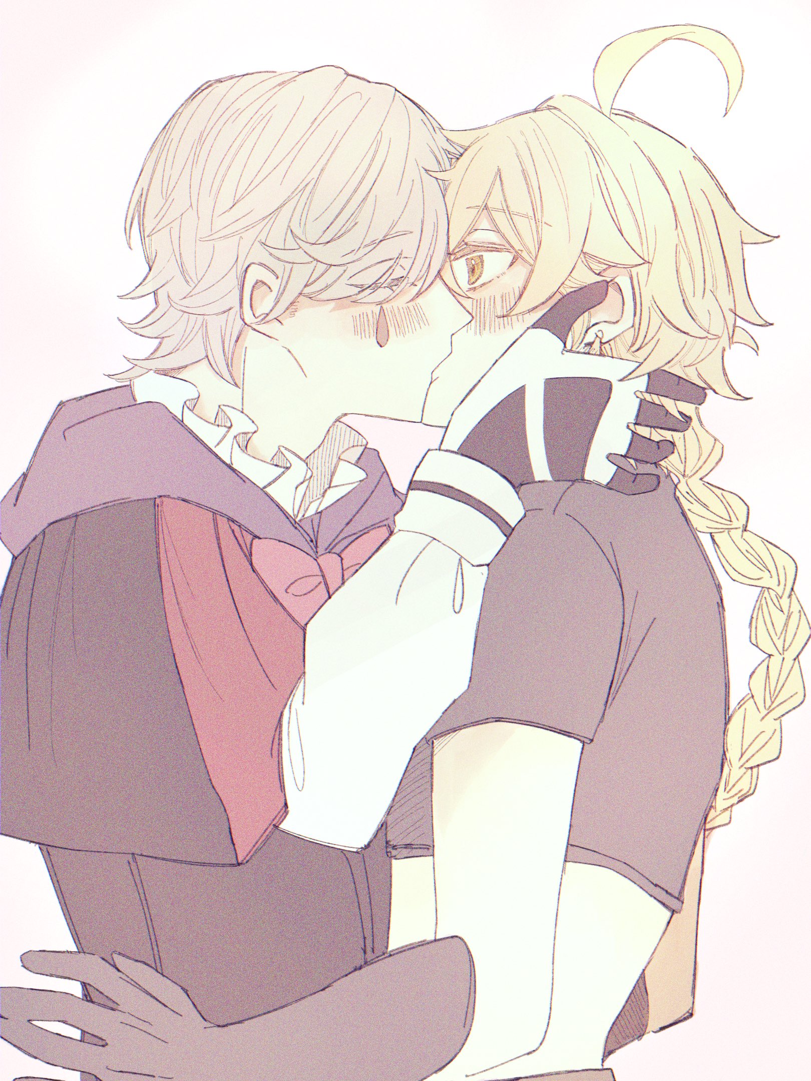 aether (genshin impact), lyney (genshin impact), genshin impact, highres, 2boys, ahoge, arm armor, black cape, black gloves, black shirt, blonde hair, blush, bow, bowtie, braid, cape, closed eyes, earrings, facial mark, french kiss, frills, from side, gloves, grey hair, hair between eyes, hair over one eye, hand on another's face, hand up, hood, hooded cape, jewelry, kiss, long hair, long sleeves, looking at another, low-braided long hair, low-tied long hair, male focus, midriff, multicolored gloves, multiple boys, pink bow, pink bowtie, puffy long sleeves, puffy sleeves, purple hood, shirt, short hair, short sleeves, simple background, single braid, single earring, teardrop facial mark, two-tone gloves, upper body, white background, white gloves, white shirt, wide-eyed, yaoi, yatazakuma, yellow eyes