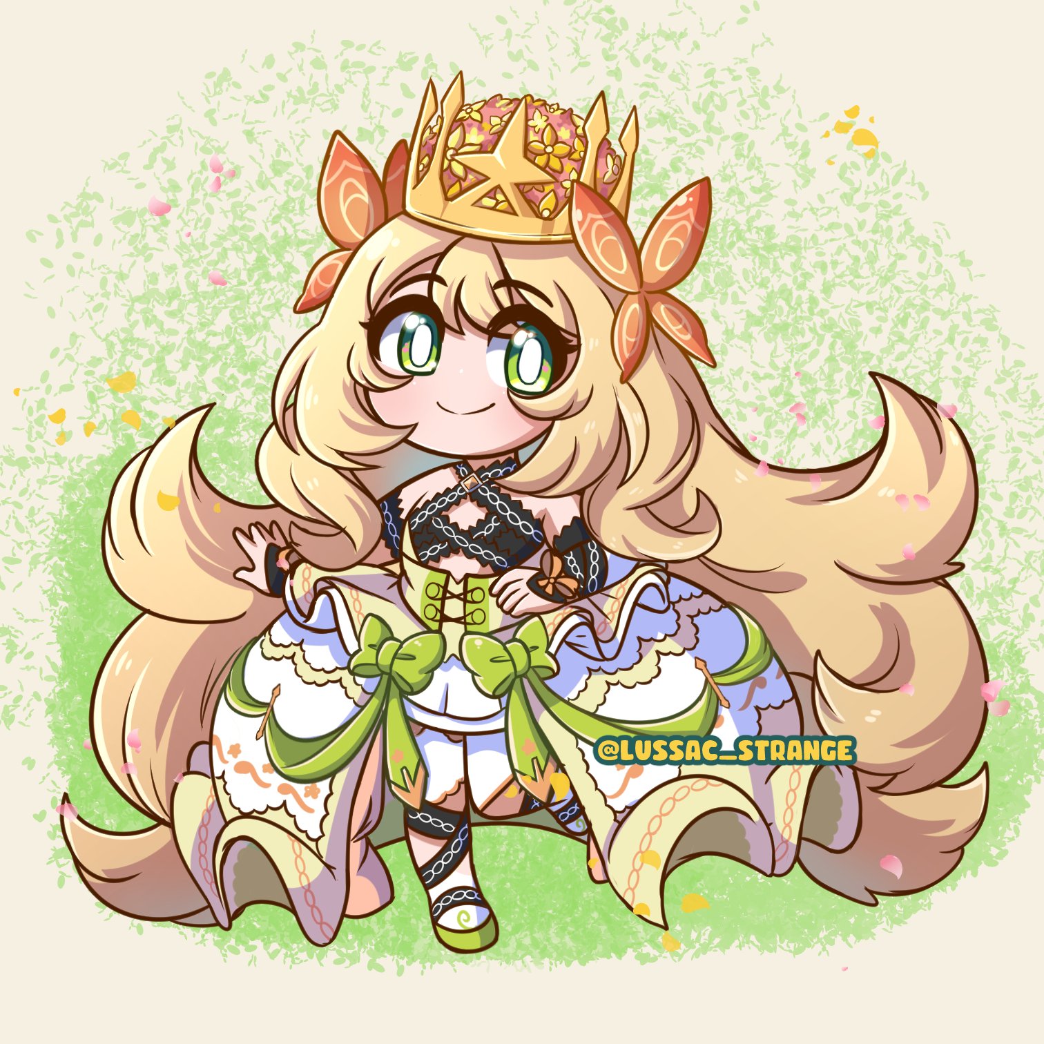 lussacst, celine (fire emblem), fire emblem, fire emblem engage, nintendo, highres, 1girl, blonde hair, butterfly hair ornament, chibi, chibi only, crown, green eyes, hair ornament, long hair, looking at viewer, princess, smile, solo, very long hair