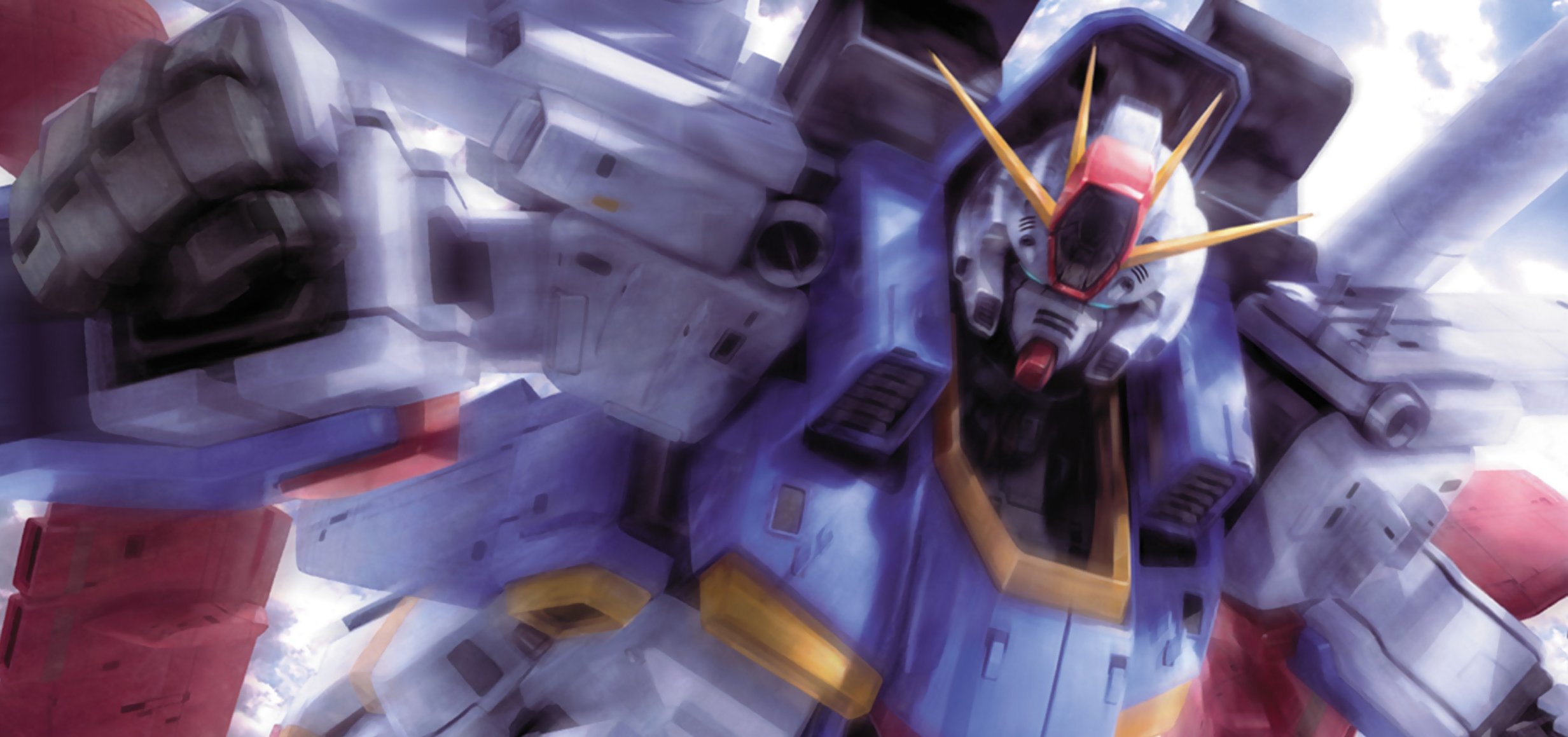 katoki hajime, zz gundam, gundam, gundam zz, highres, official art, painting (medium), promotional art, scan, traditional media, aeug, beam cannon, blue eyes, clenched hand, dutch angle, full armor zz gundam, mecha, mecha focus, mobile suit, motion blur, realistic, robot, science fiction, solo, upper body, v-fin