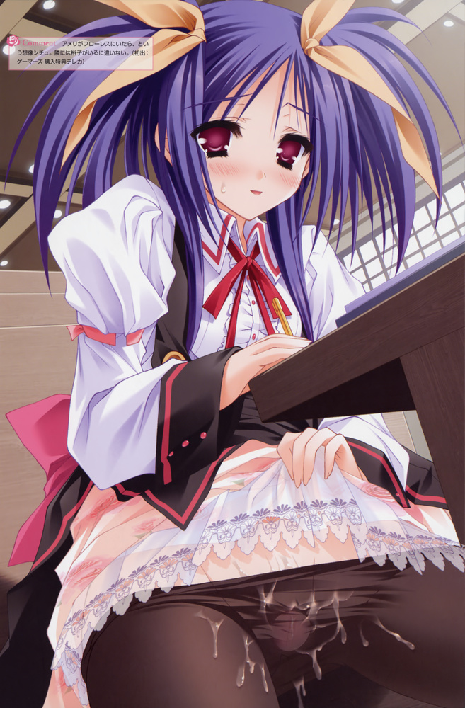 moekibara fumitake, kawai ameri, tayutama, 00s, 1girl, black pantyhose, blush, cum, female focus, panties, panties under pantyhose, pantyhose, purple hair, school uniform, sex toy, solo, twintails, under table, underwear, vibrator, vibrator bulge, vibrator under clothes, waitress