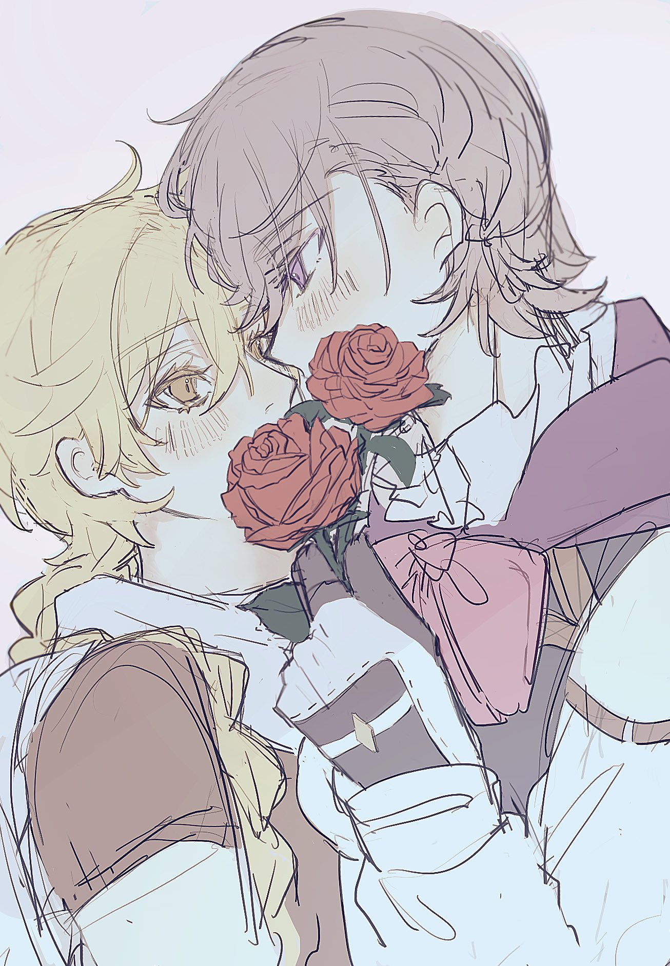 aether (genshin impact), lyney (genshin impact), genshin impact, highres, 2boys, ahoge, belt, black cape, blonde hair, blush, bow, bowtie, braid, brown belt, brown eyes, brown gloves, brown hair, brown shirt, cape, covered mouth, flower, frills, gloves, hair between eyes, half-closed eyes, hand up, holding, holding flower, hood, hooded cape, leaf, long hair, long sleeves, looking at another, low-braided long hair, low-tied long hair, male focus, midriff, multicolored gloves, multiple boys, pink bow, pink bowtie, puffy long sleeves, puffy sleeves, purple eyes, purple hood, red flower, red rose, rose, scarf, shirt, short hair, short sleeves, simple background, single braid, two-tone gloves, upper body, white background, white gloves, white scarf, white shirt, yaoi, yatazakuma