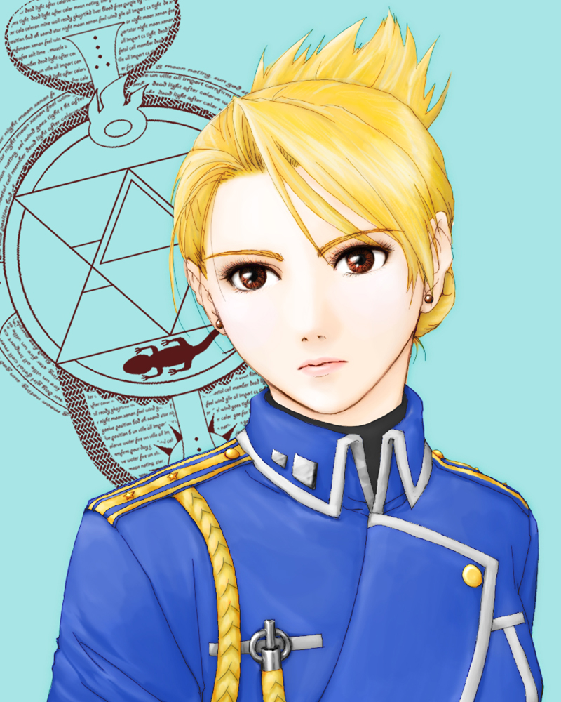 citrus (colorful), riza hawkeye, fullmetal alchemist, bad id, bad pixiv id, 00s, 1girl, aiguillette, blonde hair, brown eyes, earrings, female focus, folded ponytail, jewelry, military, military uniform, solo, upper body
