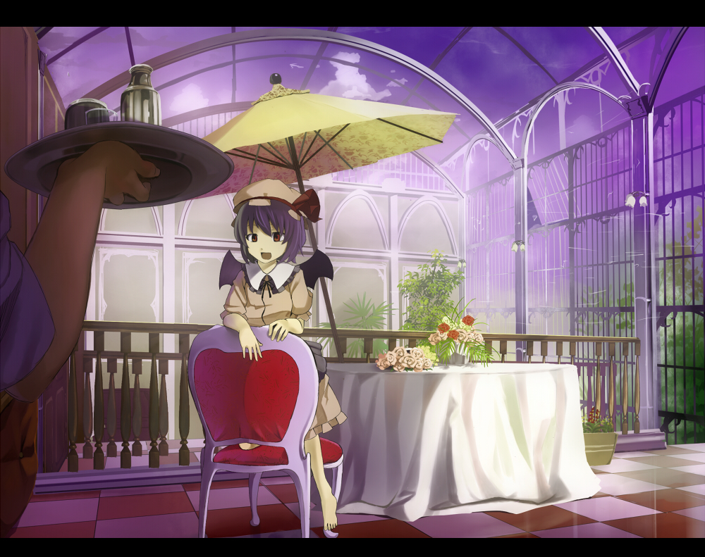 hidebo, remilia scarlet, touhou, bad id, bad pixiv id, 1girl, barefoot, bat wings, checkered floor, female focus, floor, hat, letterboxed, parasol, purple hair, red eyes, short hair, solo, tray, umbrella, vanishing point, veranda, wings