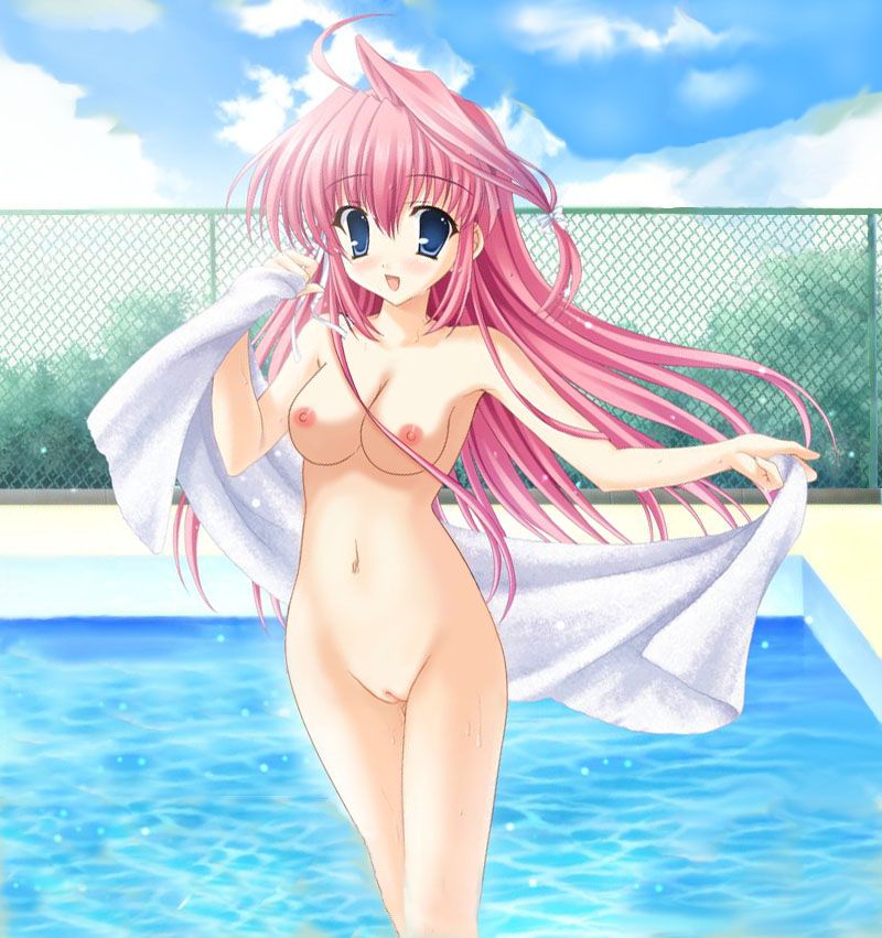 source request, tagme, 1girl, blue eyes, blush, breasts, cloud, completely nude, feet out of frame, female focus, hair ribbon, holding, holding towel, long hair, looking at viewer, medium breasts, navel, nipples, nude, open mouth, outdoors, partially submerged, pink hair, pool, pussy, ribbon, sky, smile, solo, towel, uncensored, water, wet, wire fence, zenra