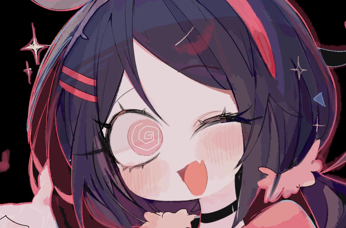 usa37107692, mita (miside), miside, commentary, 1girl, :d, @ @, black background, black choker, blush, choker, double-parted bangs, fang, hair ornament, hairband, hairclip, long hair, looking at viewer, one eye closed, open mouth, parallel hairclips, pink eyes, portrait, red hairband, skin fang, smile, solo, sparkle