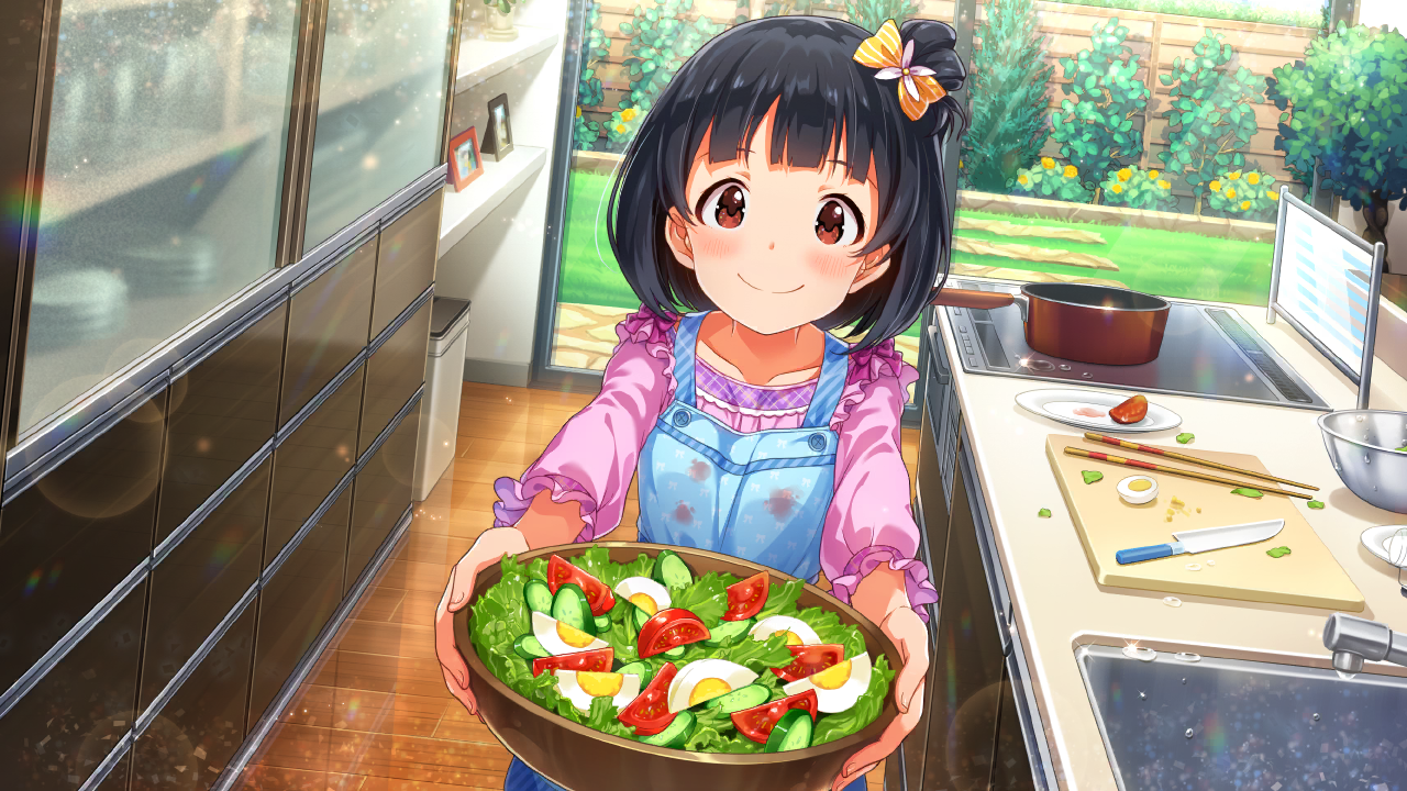 nakatani iku, idolmaster, idolmaster million live!, idolmaster million live! theater days, commentary request, game cg, official art, third-party source, 1girl, apron, black hair, blue apron, blush, bowl, brown eyes, closed mouth, cucumber, cucumber slice, day, food, giving, hardboiled egg, holding, holding bowl, indoors, kitchen, long sleeves, one side up, pink shirt, salad, shirt, short hair, sliced egg, smile, solo, standing, tomato, tomato slice