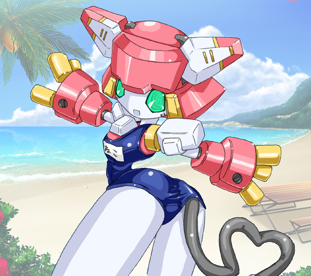 medarot, artist request, android, animal ears, cat ears, cat tail, robot ears, smile, swimsuit, tail