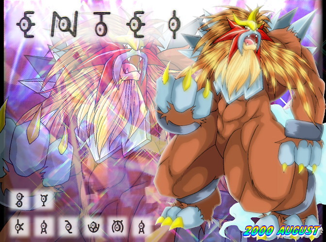 entei, unown, unown a, unown b, unown e, unown i, unown k, unown m, unown n, unown t, unown u, unown y, unown z, nintendo, pokemon, claws, fangs, furry, gen 2 pokemon, legendary pokemon, lion, manly, muscular, pokemon (creature), text focus, zoom layer