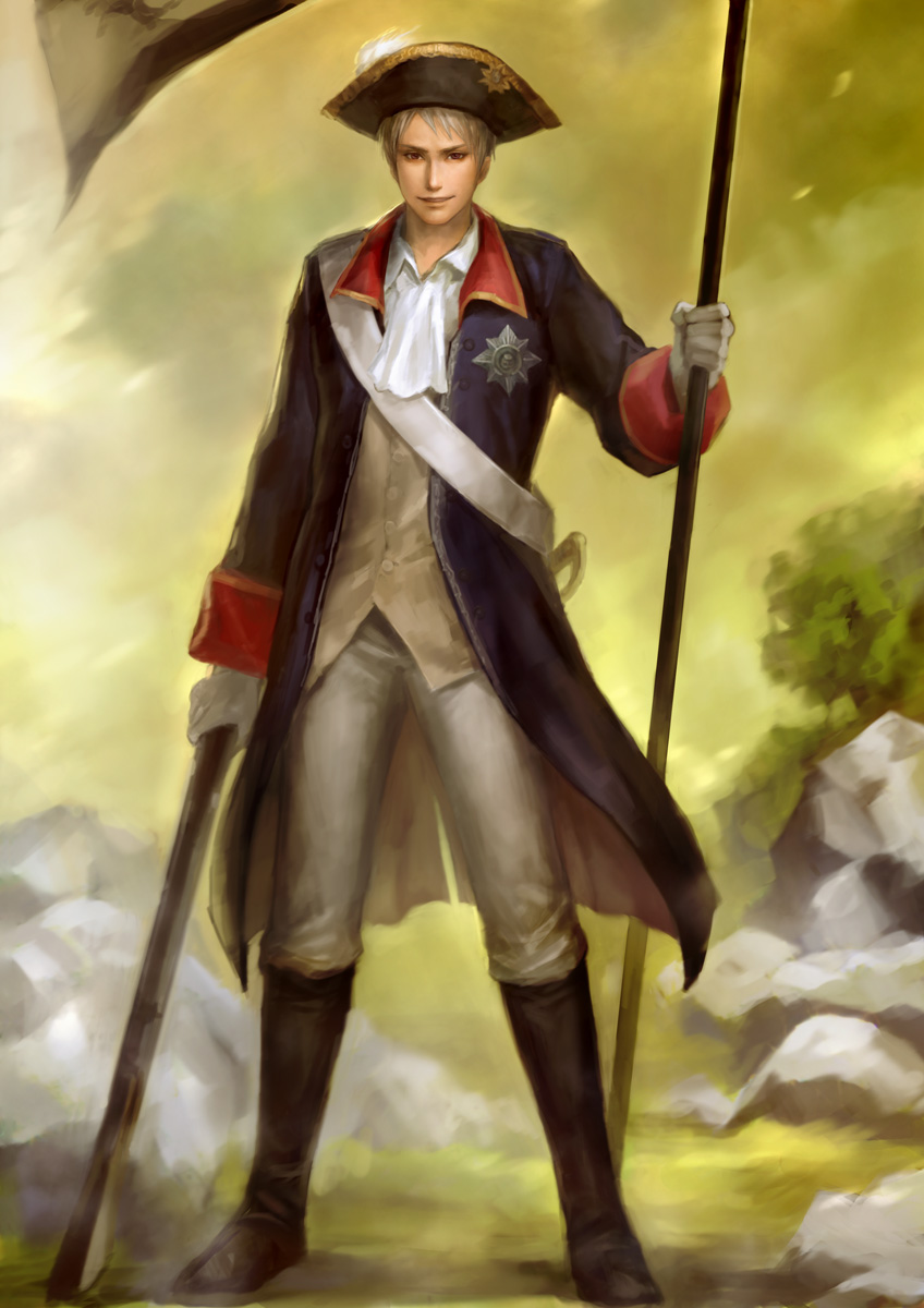 lotus (elico), prussia (hetalia), axis powers hetalia, highres, 1boy, ascot, badge, blonde hair, boots, gun, hat, male focus, medal, military, military uniform, musket, solo, tricorne, weapon