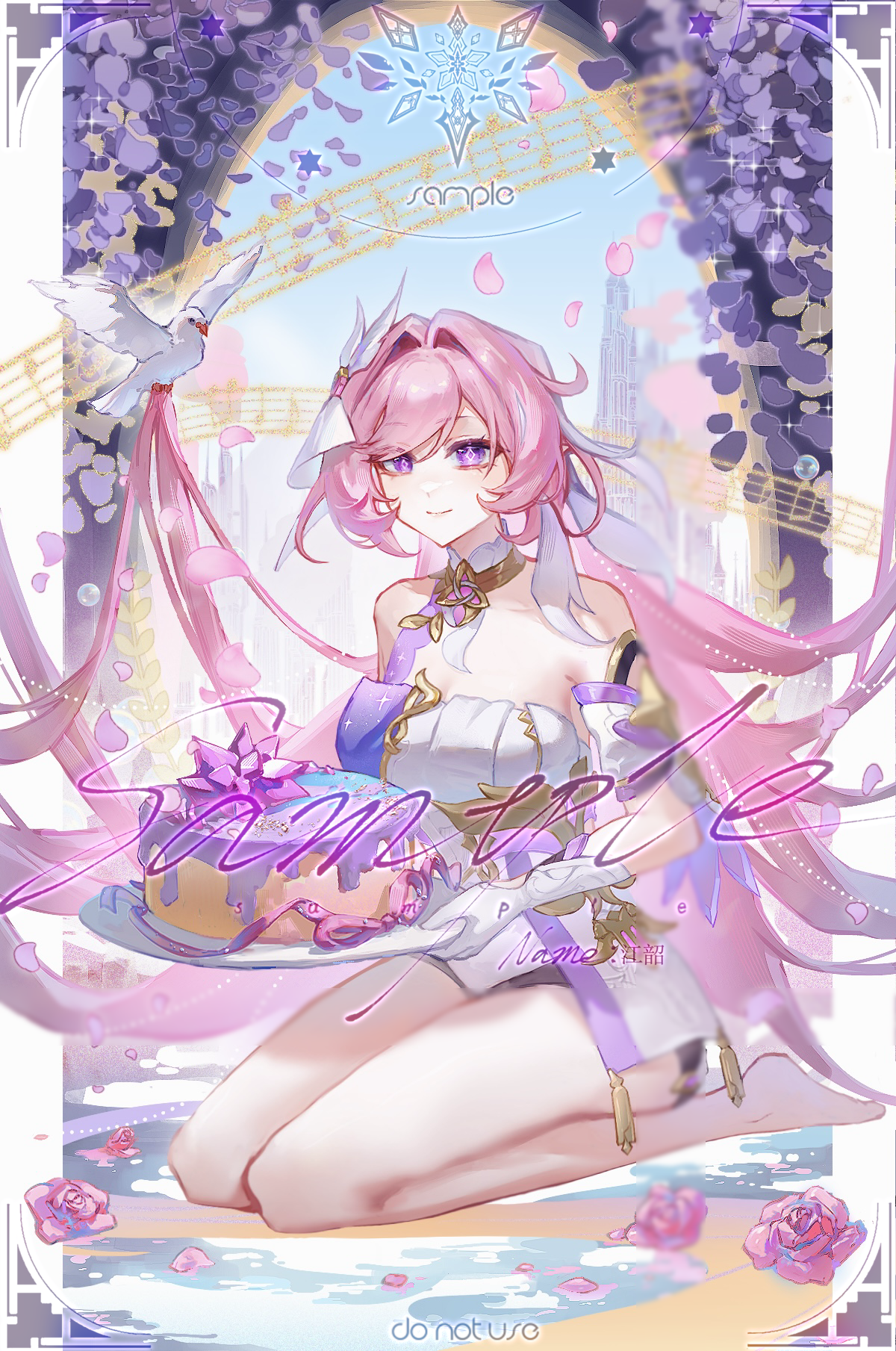 seawave02974, elysia (herrscher of human: ego) (honkai impact), elysia (honkai impact), honkai (series), honkai impact 3rd, highres, 1girl, bare shoulders, barefoot, bird, blue sky, breasts, cake, cleavage, corset, diamond-shaped pupils, diamond (shape), dove, falling petals, feet, food, gloves, hair intakes, hair ornament, holding, holding cake, holding food, long hair, looking at viewer, multicolored hair, petals, pink hair, pink petals, purple eyes, sample watermark, seiza, sitting, sky, smile, solo, symbol-shaped pupils, triquetra, two-tone hair, very long hair, watermark, white corset, white gloves, white hair