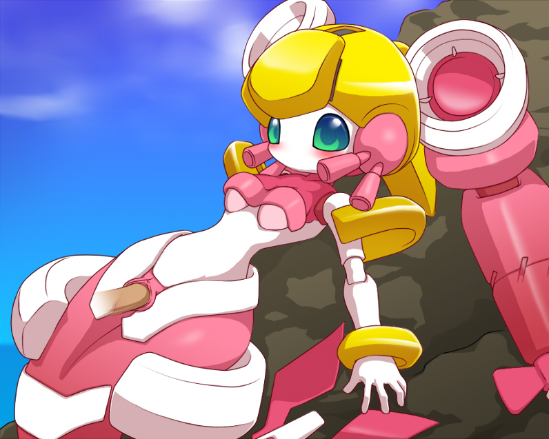 nollety, oceana, medarot, 1girl, android, blonde hair, blue eyes, blush, breasts, clothed sex, cloud, colored skin, disembodied penis, green eyes, mermaid, monster girl, multicolored eyes, multicolored skin, no mouth, no nose, nude, penis, pink skin, pussy, robot ears, rock, sex, sky, small breasts, uncensored, white skin