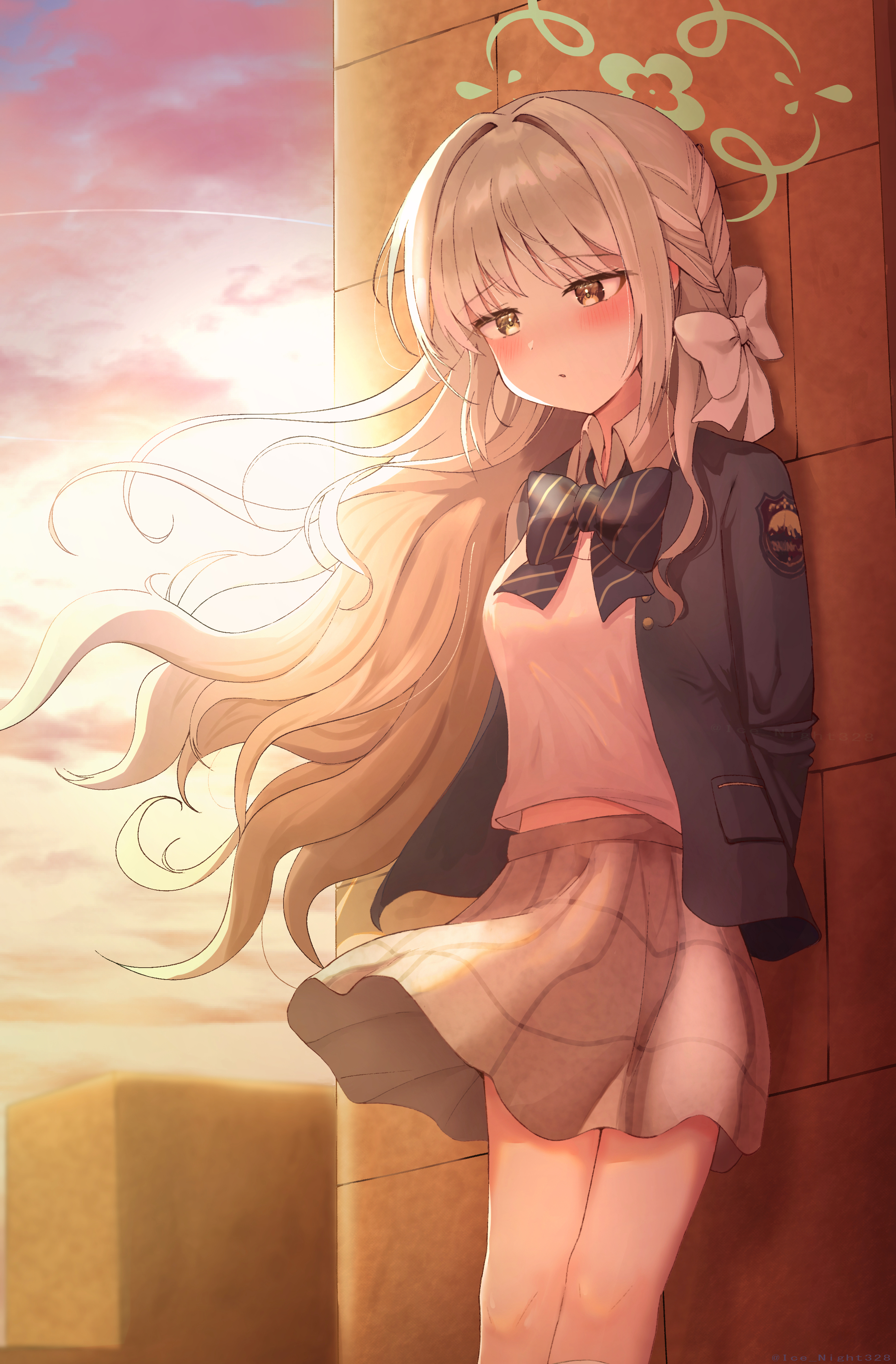 miyo (blue archive), blue archive, absurdres, commentary request, highres, 1girl, against wall, arms behind back, backlighting, black bow, black bowtie, blush, bow, bowtie, braid, collared shirt, day, diagonal-striped bow, diagonal-striped bowtie, diagonal-striped clothes, feet out of frame, floating hair, green halo, green jacket, grey hair, grey skirt, hair between eyes, hair bow, hair intakes, hair ribbon, halo, ice night328, jacket, long hair, long sleeves, looking down, midriff peek, miniskirt, open clothes, open jacket, outdoors, parted lips, plaid clothes, plaid skirt, ribbon, ribbon braid, school uniform, shirt, side braid, sidelocks, skirt, sky, solo, standing, striped bow, striped bowtie, striped clothes, sunlight, tsurime, very long hair, white bow, white ribbon, white shirt, wind, yellow eyes
