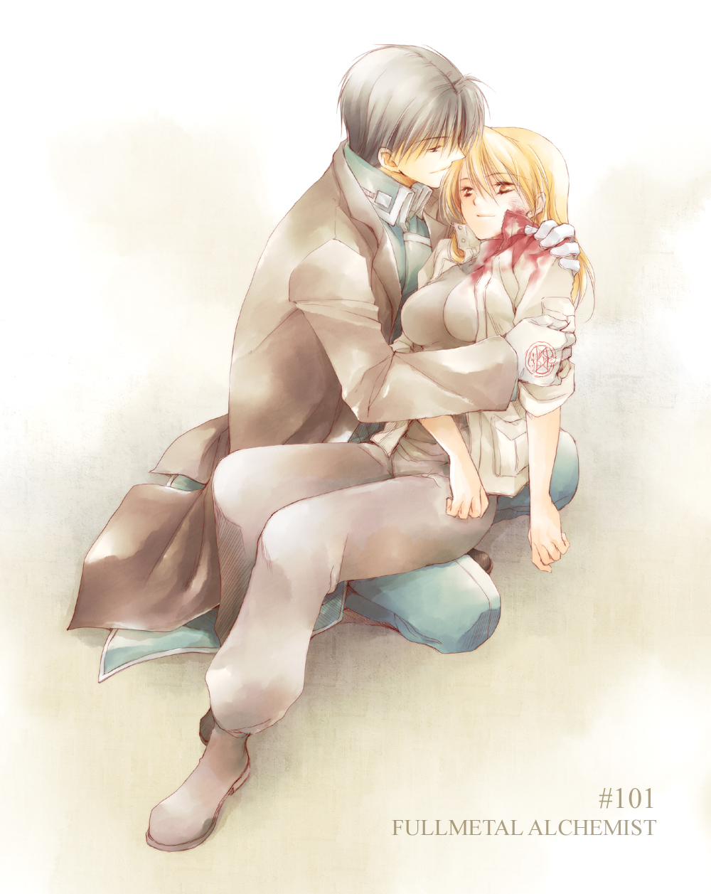 takafuji yuna, riza hawkeye, roy mustang, fullmetal alchemist, highres, spoilers, 00s, black hair, blonde hair, blood, brown eyes, earrings, gloves, jewelry, military, military uniform, sleeves rolled up, smile