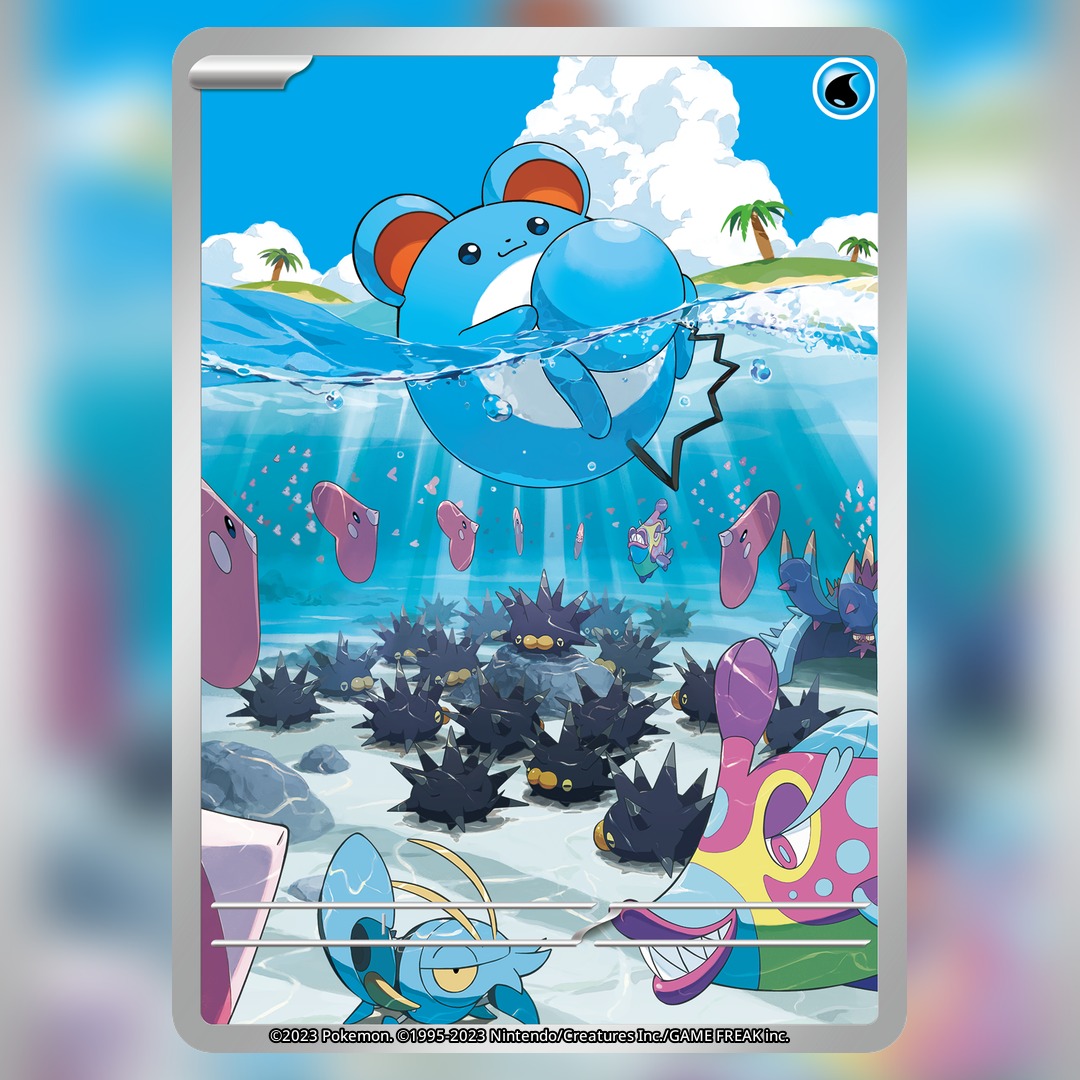 uki atsuya, bruxish, clauncher, luvdisc, marill, pincurchin, toxapex, nintendo, pokemon, pokemon tcg, commentary, english commentary, official art, textless version, third-party source, :3, air bubble, animal focus, blue sky, bubble, closed mouth, cloud, company name, copyright name, copyright notice, day, fish, gen 2 pokemon, gen 3 pokemon, gen 6 pokemon, gen 7 pokemon, gen 8 pokemon, no humans, palm tree, partially underwater shot, pokemon (creature), pokemon focus, rock, sharp teeth, sky, smile, teeth, tree