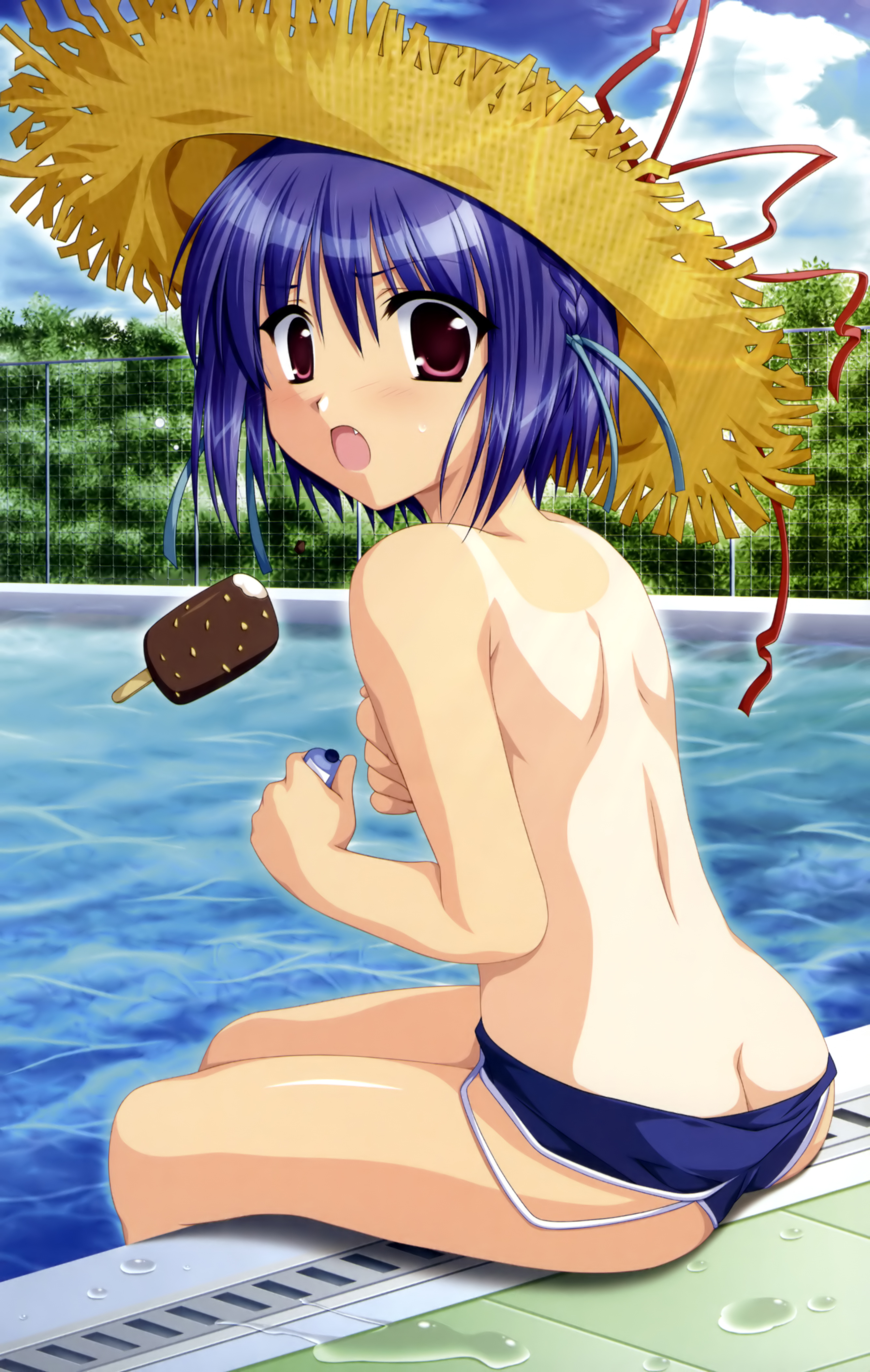 oone touka, 5pb., sharin no kuni himawari no shoujo, breast hold, absurdres, highres, 1girl, ass, blue hair, braid, breasts, butt crack, clothes pull, covering breasts, covering privates, day, fang, female focus, fence, food, hat, ice cream, looking back, one-piece swimsuit, one-piece swimsuit pull, one-piece tan, outdoors, pool, poolside, side braid, sitting, soaking feet, solo, straw hat, surprised, swimsuit, tan, tanline, topfreedom, topless female, water