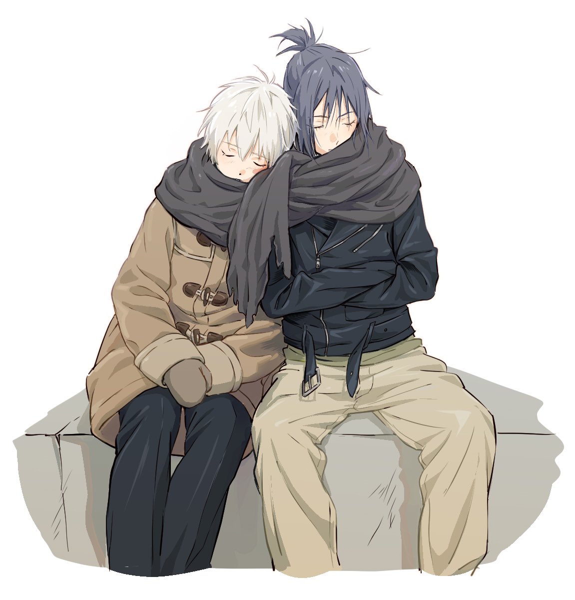 nezumi (no.6), shion (no.6), no.6, commentary, english commentary, highres, 2boys, belted jacket, black hair, black jacket, black pants, brown pants, closed mouth, coat, crossed arms, duffel coat, hair between eyes, head on another's shoulder, high ponytail, jacket, male focus, multiple boys, ob sane, pants, ponytail, scarf, shared clothes, shared scarf, short hair, sitting, sleeping, sleeping on person, white hair, yaoi