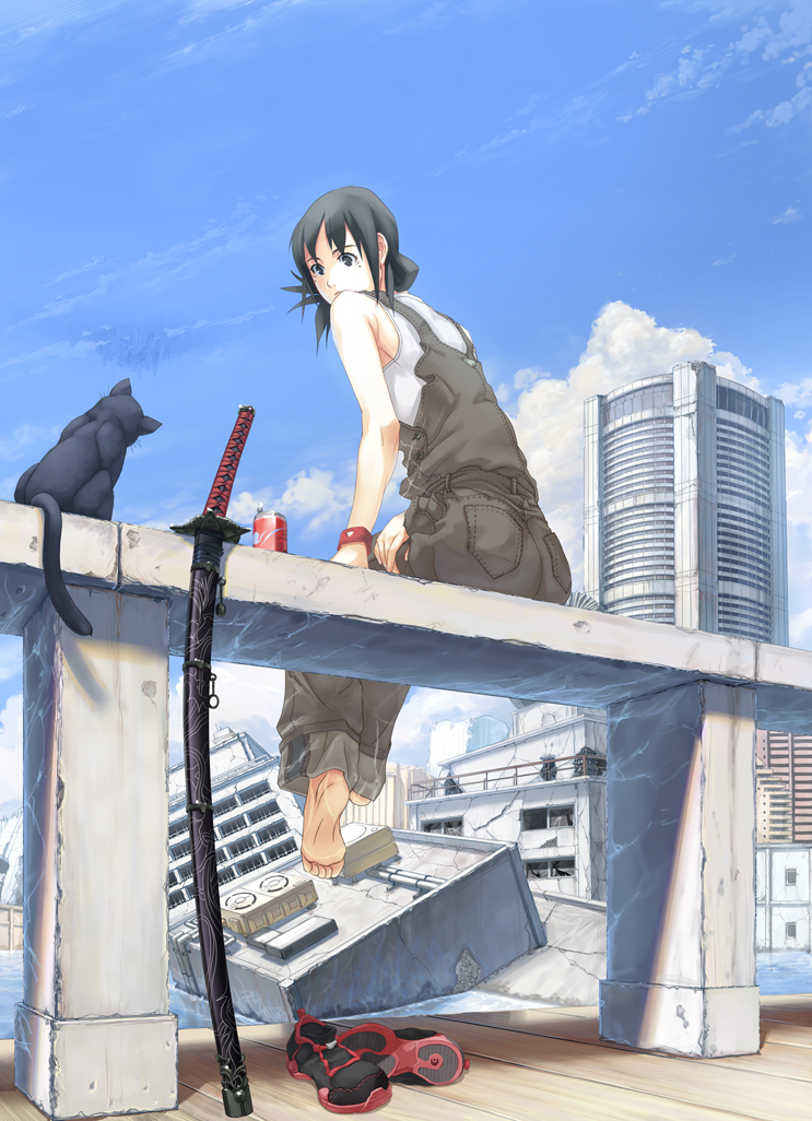 wakou tamahagane, original, barefoot, black eyes, black hair, building, can, cat, city, day, feet, katana, overalls, railing, ruins, scabbard, sheath, shoes, sitting, sky, solo, sword, water, weapon