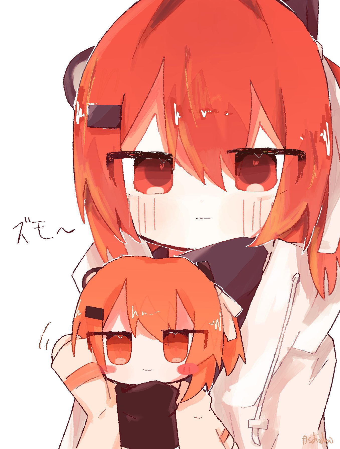 adachi rei, a.i. voice, utau, commentary, highres, asahidayo1013, blush, blush stickers, chibi, closed mouth, hand up, jacket, open clothes, open jacket, orange eyes, orange hair, upper body, waving