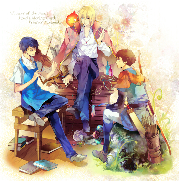 futaba hazuki, amasawa seiji, ashitaka, calcifer, howl, howl no ugoku shiro, mimi wo sumaseba, mononoke hime, studio ghibli, howl pendragon, 00s, 1990s (style), 3boys, archery, arrow (projectile), black hair, blonde hair, book, bow (weapon), brown hair, company connection, crossover, instrument, jewelry, male focus, multiple boys, pendant, retro artstyle, short hair, sitting, violin, weapon