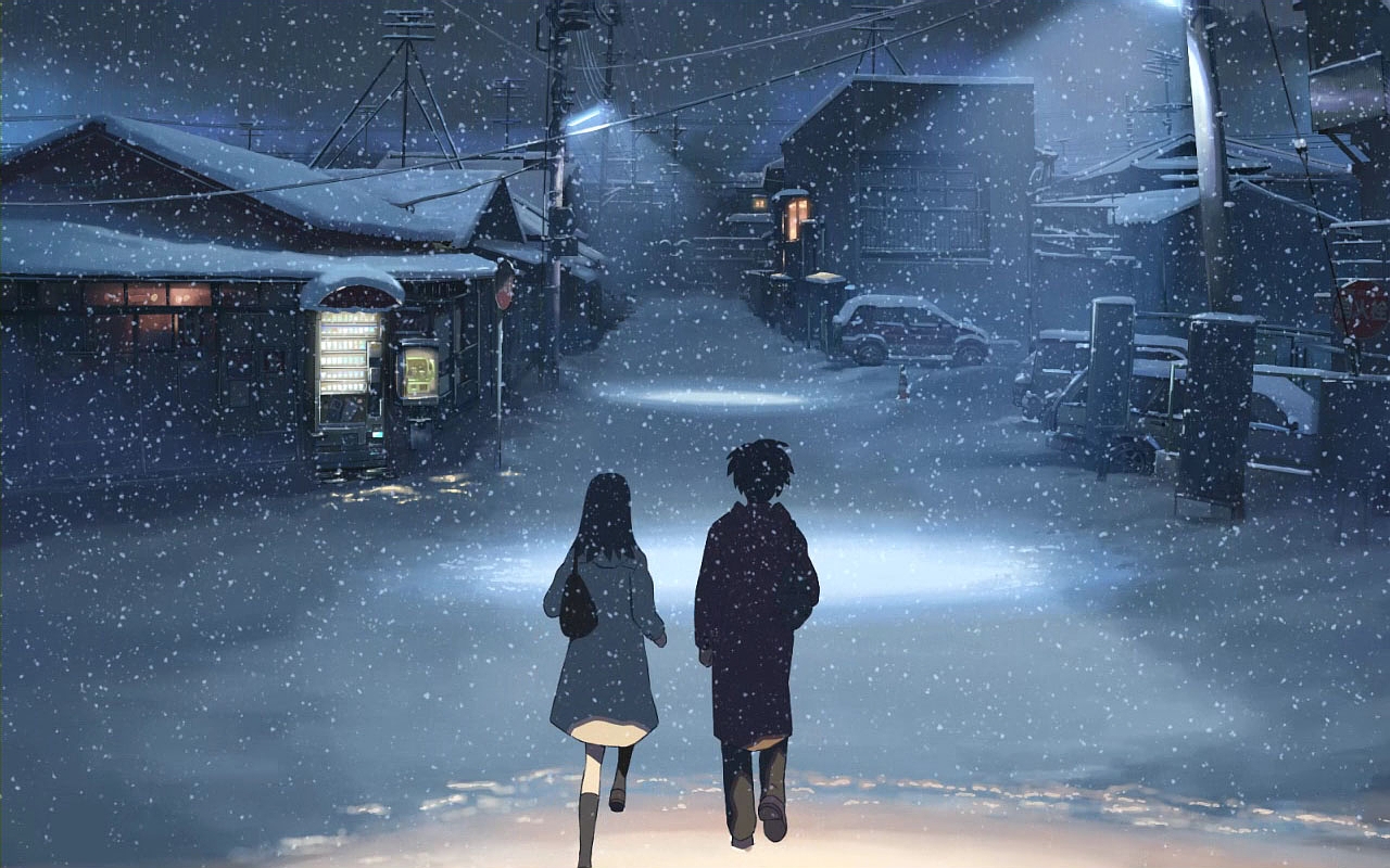 shinohara akari, toono takaki, byousoku 5 centimeter, 1boy, 1girl, black hair, car, couple, from behind, hetero, house, lamppost, motor vehicle, power lines, scenery, snow, winter