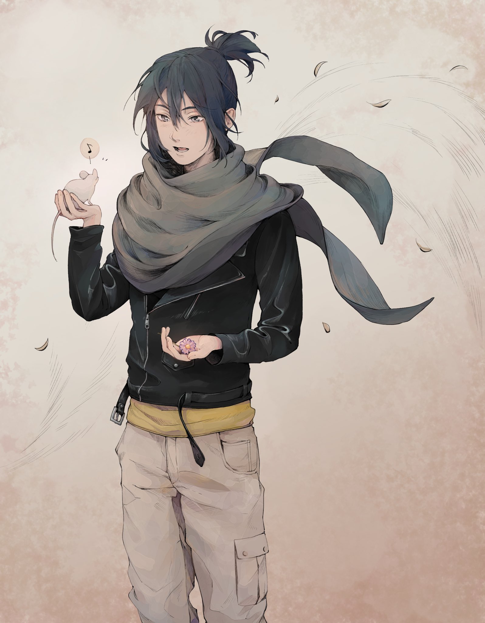 nezumi (no.6), no.6, commentary, english commentary, highres, 1boy, animal, black hair, black jacket, cowboy shot, flower, grey background, grey eyes, grey pants, grey scarf, hair between eyes, hair tie, holding, holding animal, holding flower, jacket, leather, leather jacket, male focus, mouse (animal), ob sane, open mouth, pants, partially unzipped, scarf, short hair, sidelocks, solo, standing