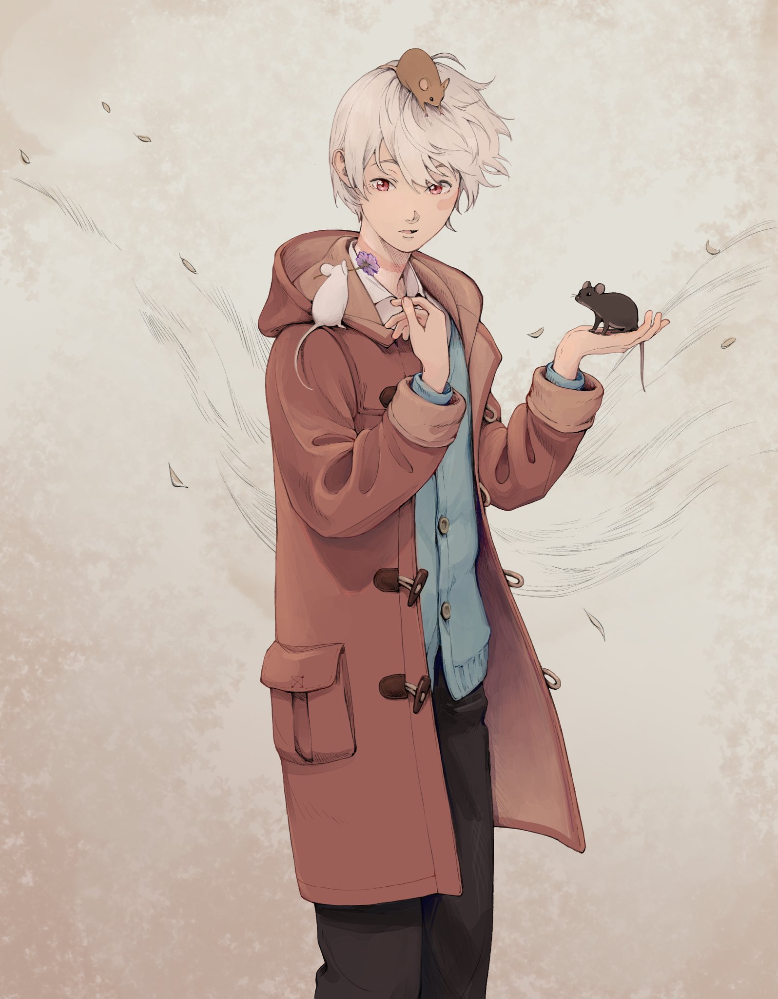 shion (no.6), no.6, commentary, english commentary, highres, 1boy, animal, animal on hand, animal on head, animal on shoulder, black pants, blue cardigan, cardigan, coat, collared shirt, cowboy shot, duffel coat, falling petals, grey background, looking at animal, male focus, ob sane, on head, pants, petals, red eyes, shirt, short hair, solo, standing, white hair, white shirt