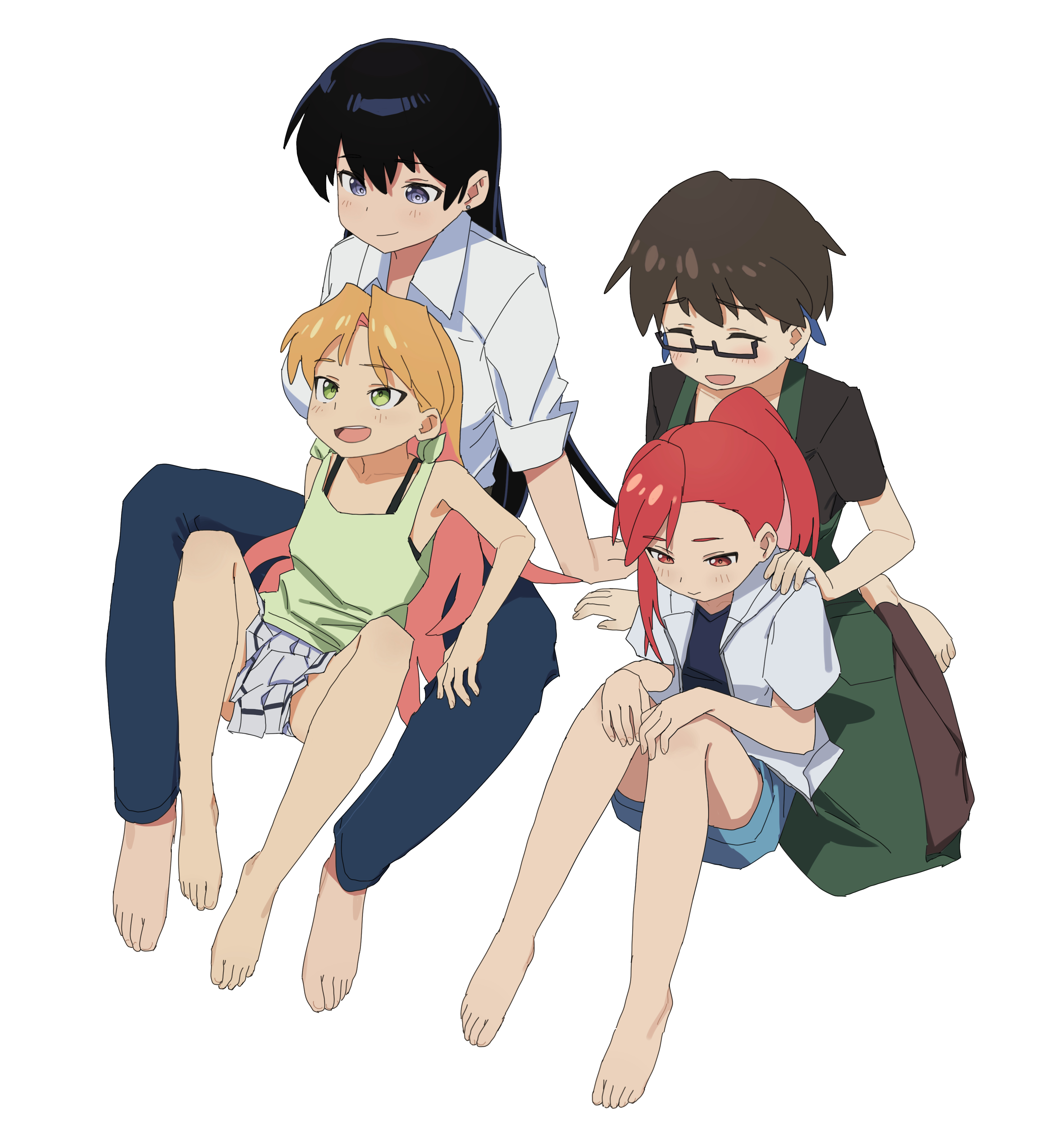 an yb, arato nagi, imari youko, seto shouko, tanigawa ruri, ruri no houseki, absurdres, chinese commentary, commentary, highres, 4girls, age difference, barefoot, black hair, blonde hair, blue hair, blush, breasts, brown hair, collared shirt, fingernails, glasses, green eyes, large breasts, long hair, medium breasts, medium hair, multicolored hair, multiple girls, open mouth, panties, panty peek, petite, purple eyes, red eyes, red hair, shirt, short hair, shorts, simple background, sitting, skirt, small breasts, smile, toenails, two-tone hair, underwear, white background, white panties