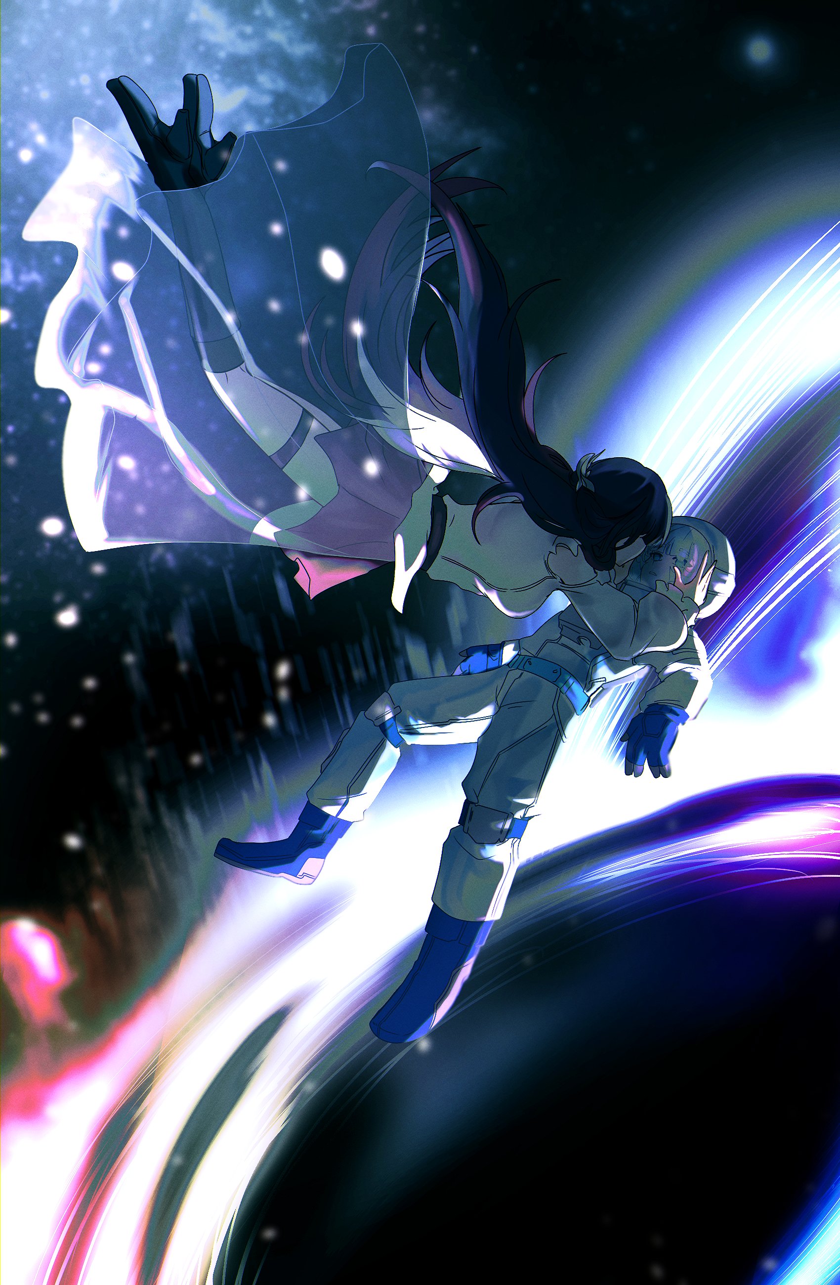 choikfu, cerydra (alternate spacetime) (honkai: star rail), cerydra (honkai: star rail), hysilens (alternate spacetime) (honkai: star rail), hysilens (honkai: star rail), honkai: star rail, honkai (series), absurdres, commentary, english commentary, highres, 2girls, astronaut, black boots, black hole, blue eyes, blue hair, boots, breasts, clothing cutout, eye contact, floating, floating hair, full body, helmet, high heel boots, high heels, implied yuri, knee boots, long hair, looking at another, medium breasts, multiple girls, official alternate costume, parted lips, purple hair, see-through clothes, see-through skirt, shirt, shoulder cutout, skirt, space, space helmet, spacesuit, thigh strap, very long hair, white shirt