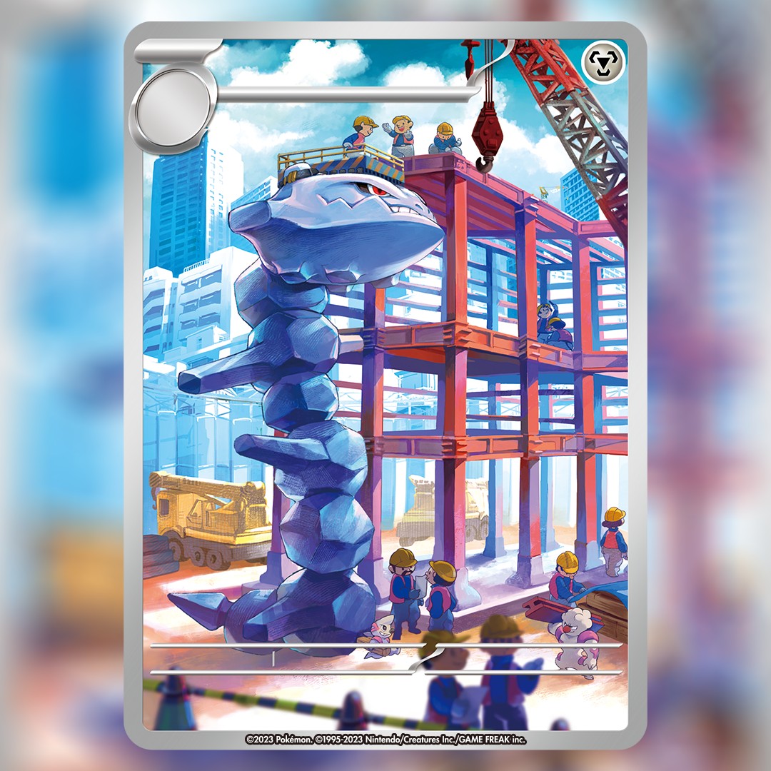 minato (minat0), gurdurr, steelix, timburr, nintendo, pokemon, pokemon tcg, commentary, english commentary, official art, textless version, third-party source, artist name, blue sky, building, card (medium), character name, city, closed mouth, cloud, company name, construction site, copyright name, copyright notice, crane (machine), day, english text, gen 2 pokemon, gen 5 pokemon, gloves, hard hat, helmet, holding, multiple boys, open clothes, open mouth, open vest, orange vest, outdoors, pokemon (creature), pokemon card, pokemon focus, red eyes, sky, smile, steel beam, teeth, trading card, vest, white gloves, yellow helmet