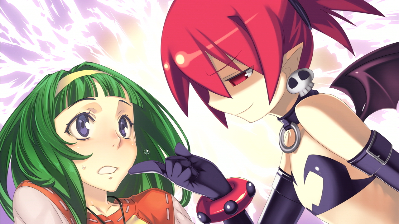 hirano katsuyuki, aiba mikoto, etna (disgaea), cross edge, disgaea, nippon ichi, 2girls, bat wings, blue eyes, choker, demon girl, earrings, elbow gloves, flat chest, gloves, green hair, hairband, jewelry, multiple girls, pointy ears, red eyes, red hair, wings