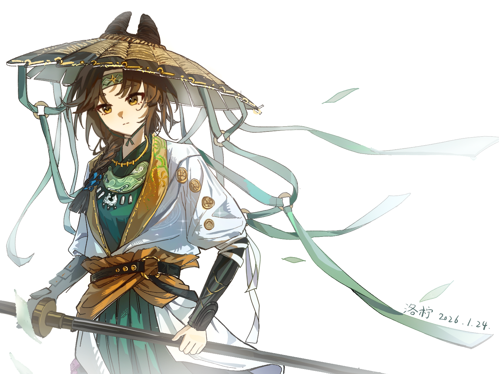liang yue (reverse:1999), reverse:1999, highres, 1girl, artist name, black hair, blue robe, braid, brown hat, chinese clothes, chinstrap, closed mouth, coat, cone hair bun, dated, double bun, green headband, hair bun, hanfu, hat, headband, holding, holding sheath, holding sword, holding weapon, long hair, looking at viewer, low twin braids, luoning, official alternate costume, rice hat, robe, sheath, sheathed, signature, solo, sword, twin braids, upper body, vambraces, weapon, white background, white coat, yellow eyes