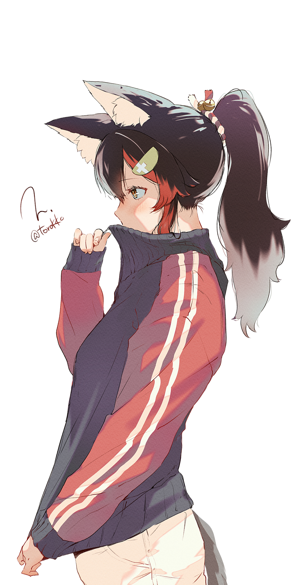 torokko, ookami mio, hololive, commentary request, highres, 1girl, animal ear fluff, animal ears, black hair, black jacket, from side, jacket, long hair, multicolored hair, pants, ponytail, red hair, simple background, solo, streaked hair, tail, track jacket, white background, white pants, wolf ears, wolf girl, wolf tail
