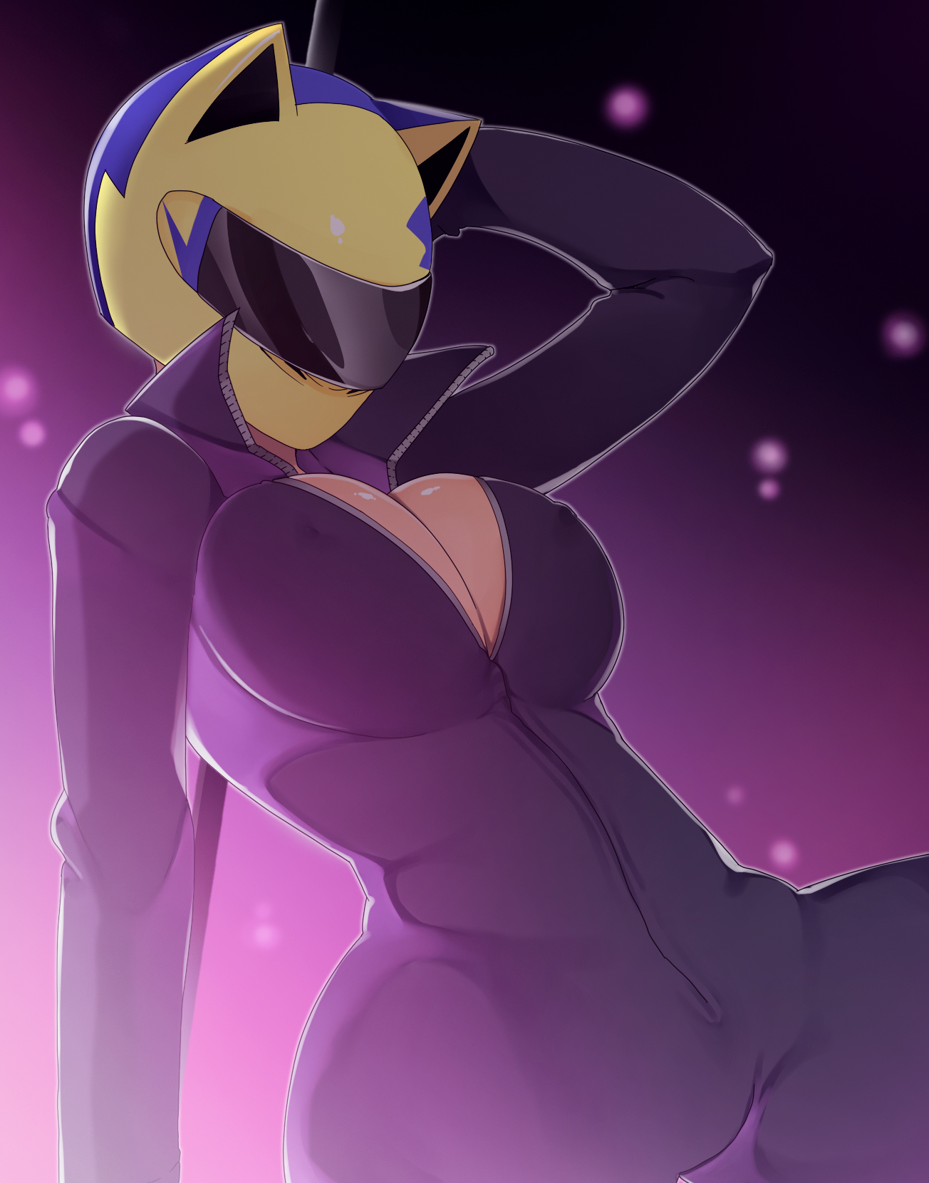 kosame daizu, celty sturluson, durarara!!, bad id, bad pixiv id, highres, 1girl, animal ear helmet, animal ears, animal helmet, black bodysuit, bodysuit, breasts, cat ears, cleavage, female focus, full-length zipper, helmet, huge breasts, motorcycle helmet, solo, unzipped, zipper
