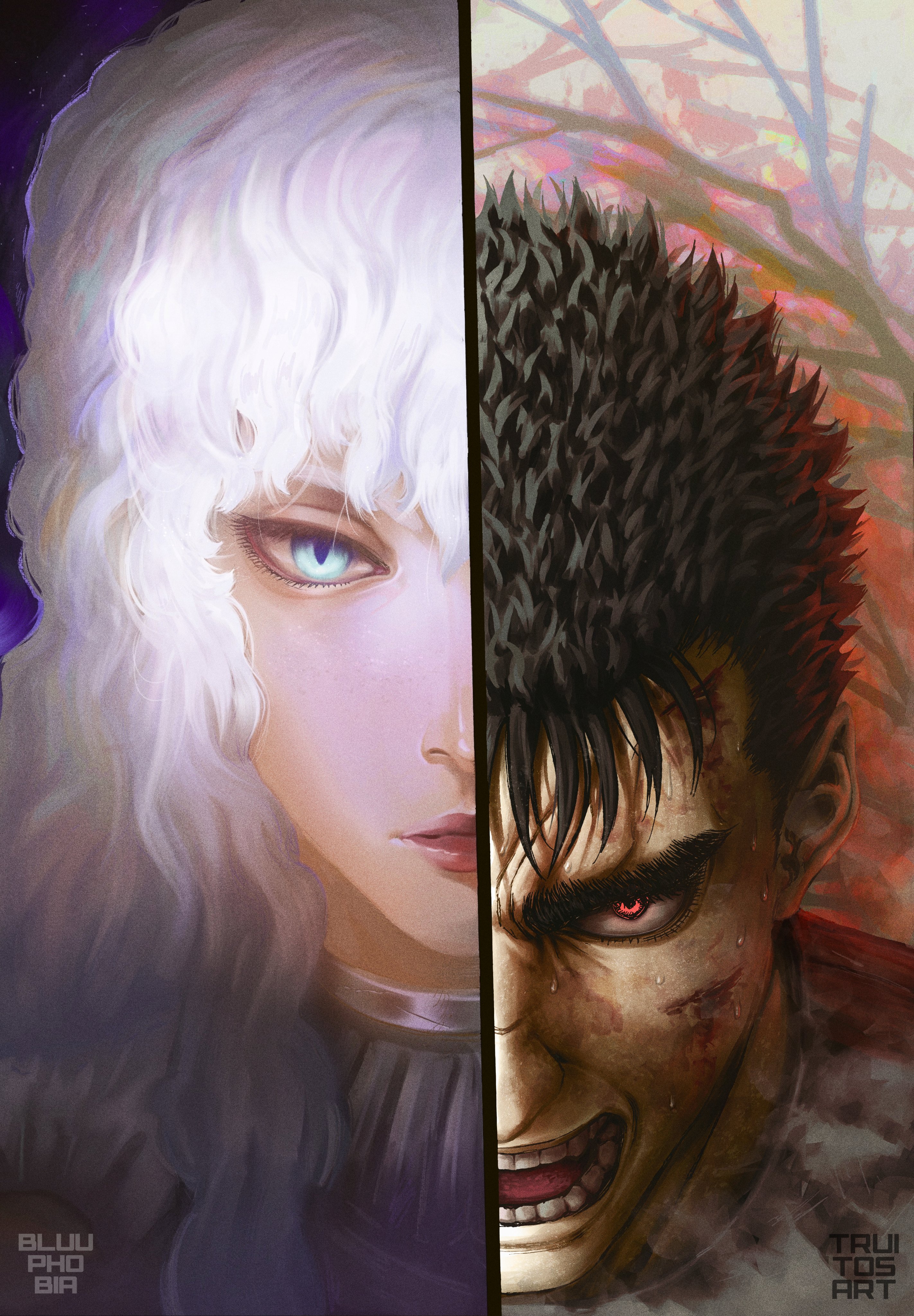 truitosart, griffith (berserk), guts (berserk), berserk, absurdres, commentary, english commentary, highres, 2boys, angry, armor, black hair, blood, blood on face, cheek injury, choppy bangs, long hair, looking at viewer, multiple boys, open mouth, portrait, red eyes, sanpaku, scar, scar on face, short hair, slit pupils, split theme, teeth, thick eyebrows, watermark, white hair